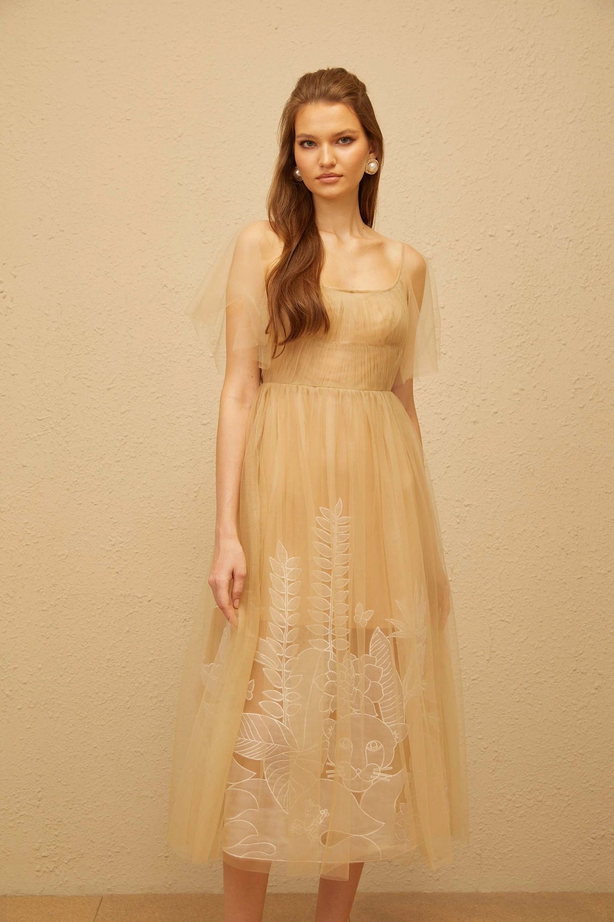 Blanka Neutral Pleated Jacquard Tulle Midi Dress