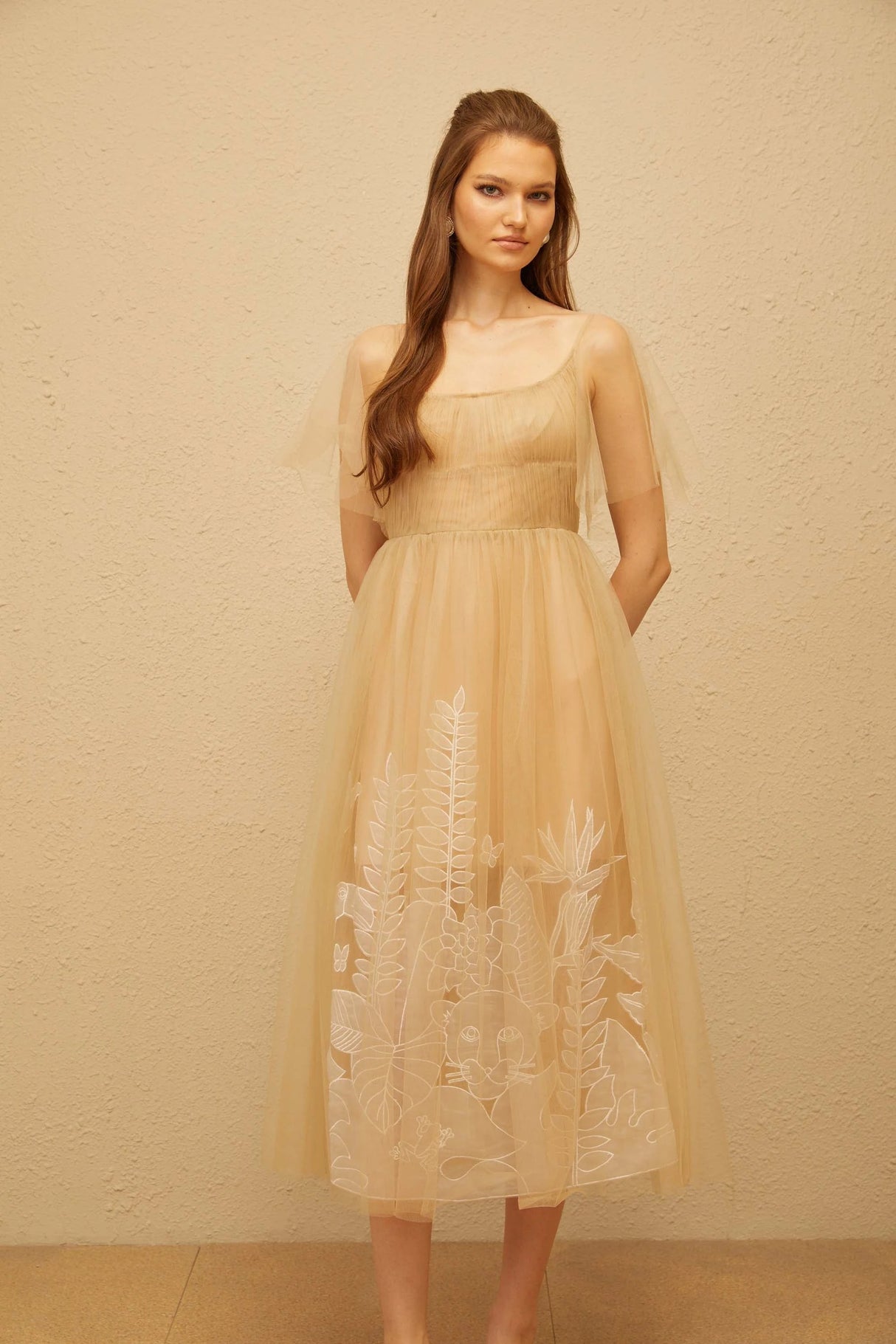 Blanka Neutral Pleated Jacquard Tulle Midi Dress