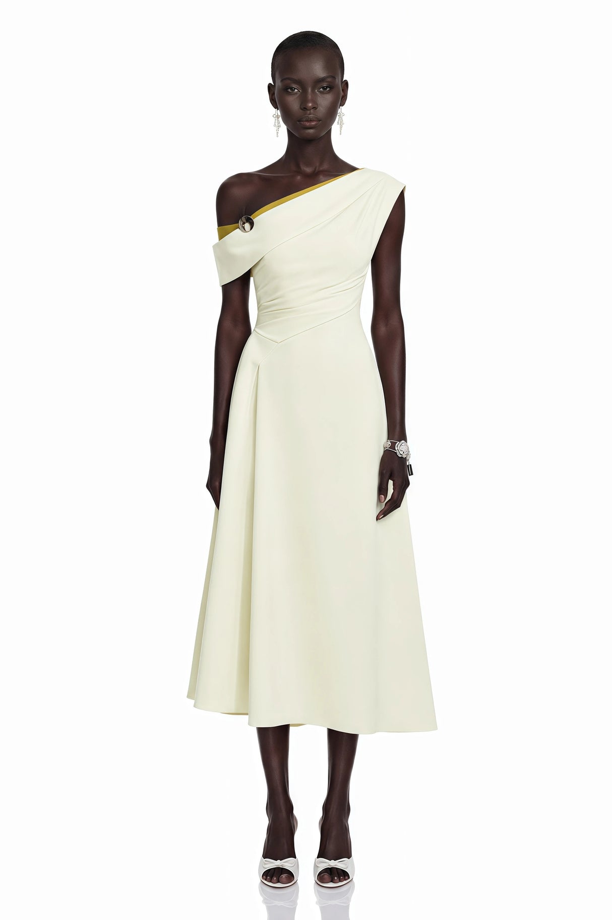Blossom White One Shoulder Ruched Midi Dress