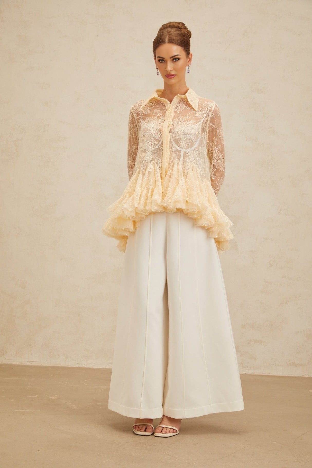 Blouse - Pointed Collar - Flared Sleeves - Semi - Sheer - Floral Lace - Ruffled Peplum Hem