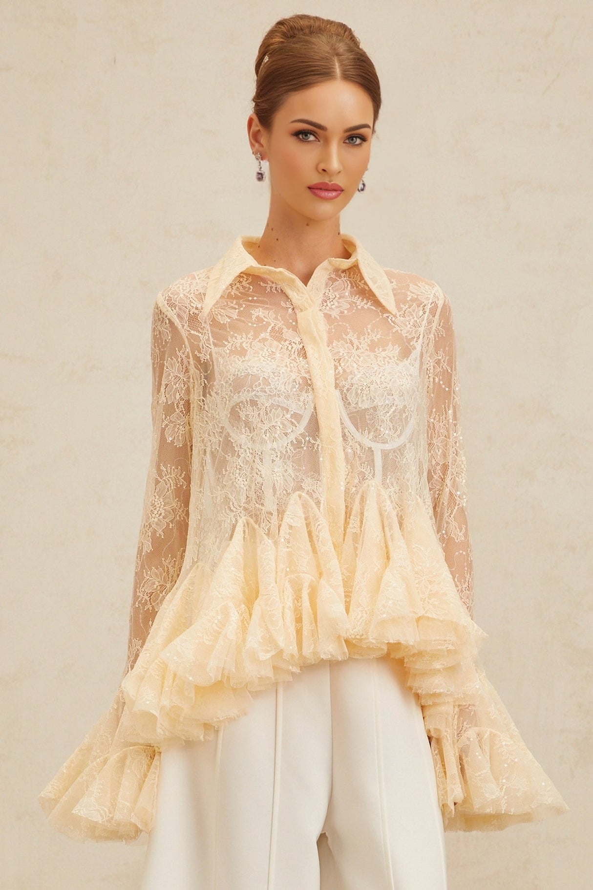 Blouse - Pointed Collar - Flared Sleeves - Semi - Sheer - Floral Lace - Ruffled Peplum Hem