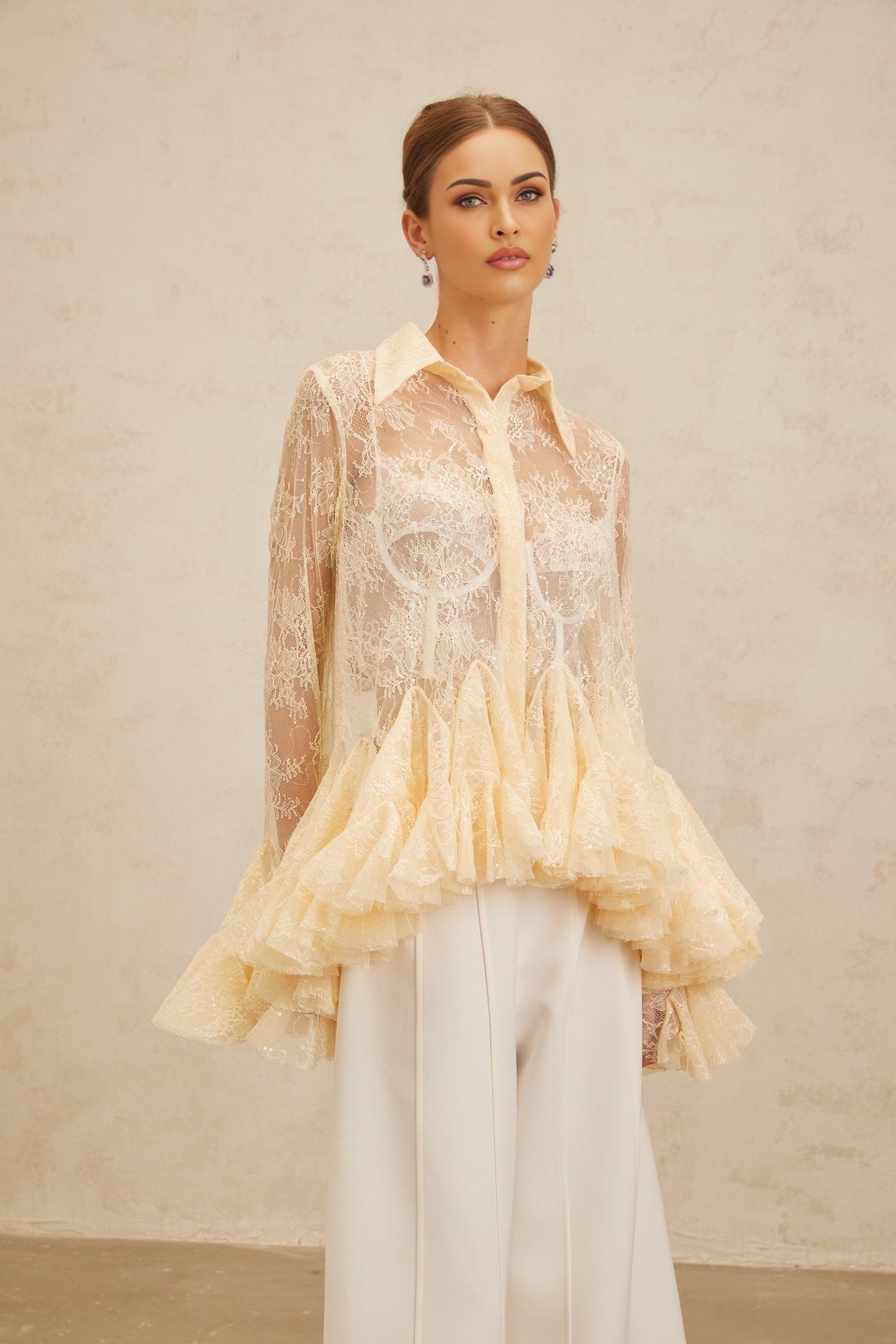 Blouse - Pointed Collar - Flared Sleeves - Semi - Sheer - Floral Lace - Ruffled Peplum Hem