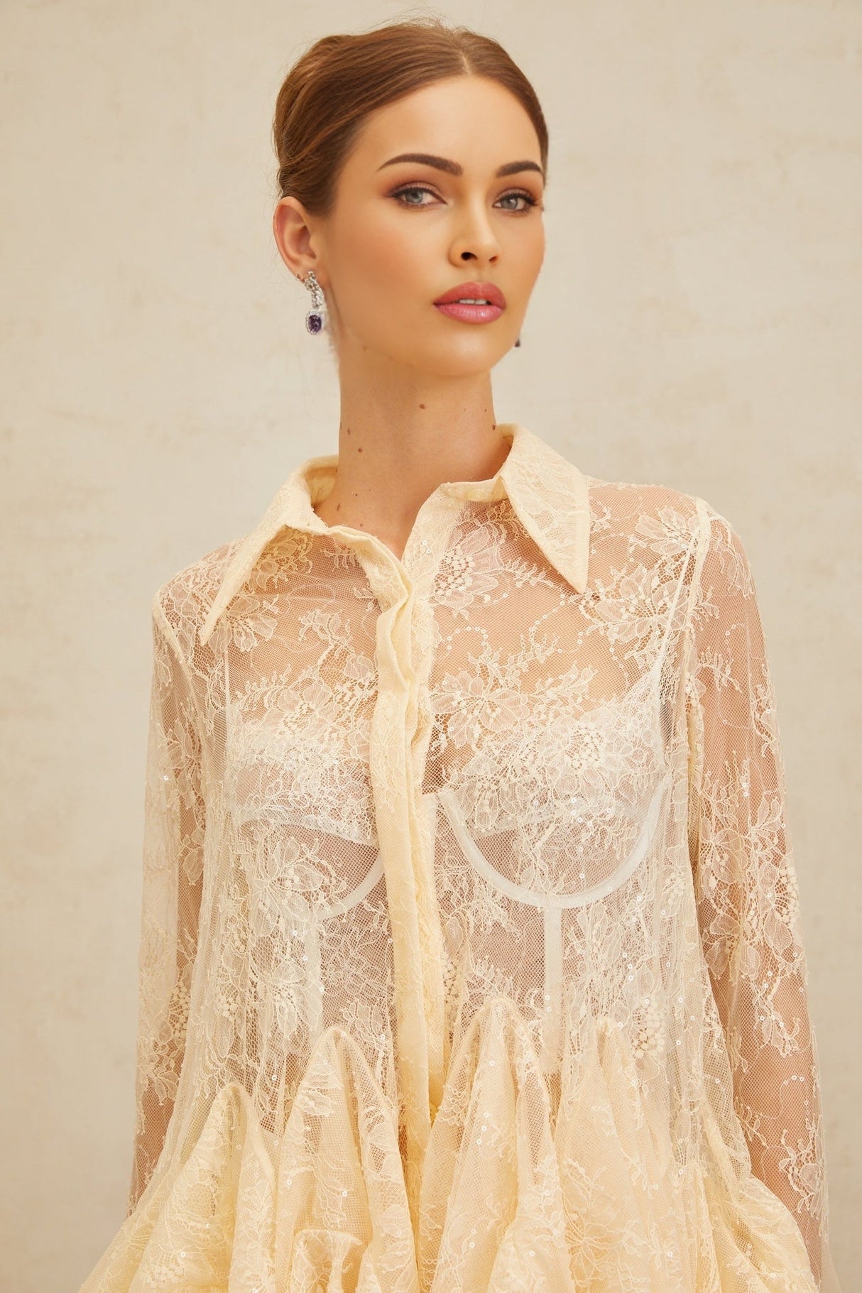 Blouse - Pointed Collar - Flared Sleeves - Semi - Sheer - Floral Lace - Ruffled Peplum Hem