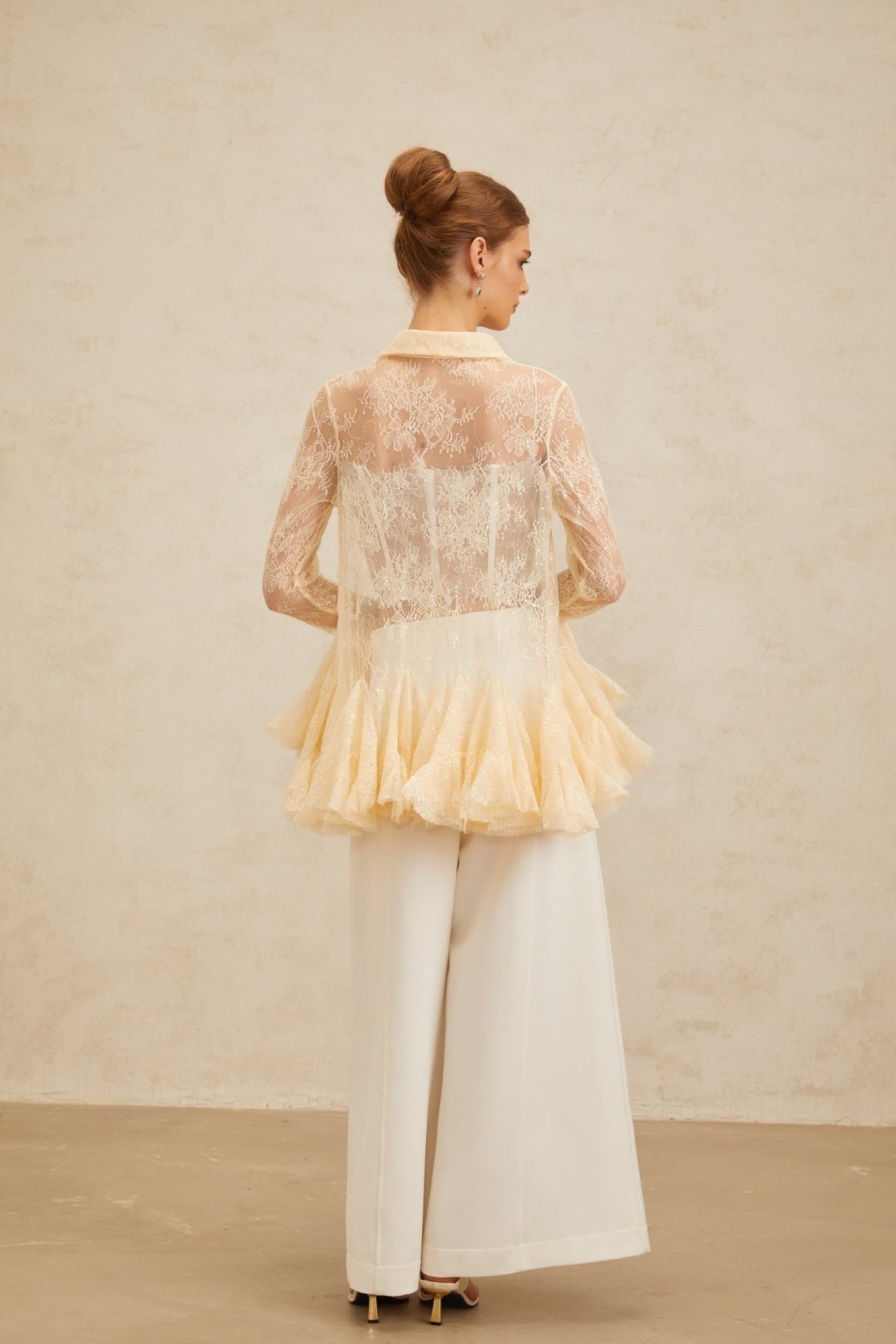 Blouse - Pointed Collar - Flared Sleeves - Semi - Sheer - Floral Lace - Ruffled Peplum Hem