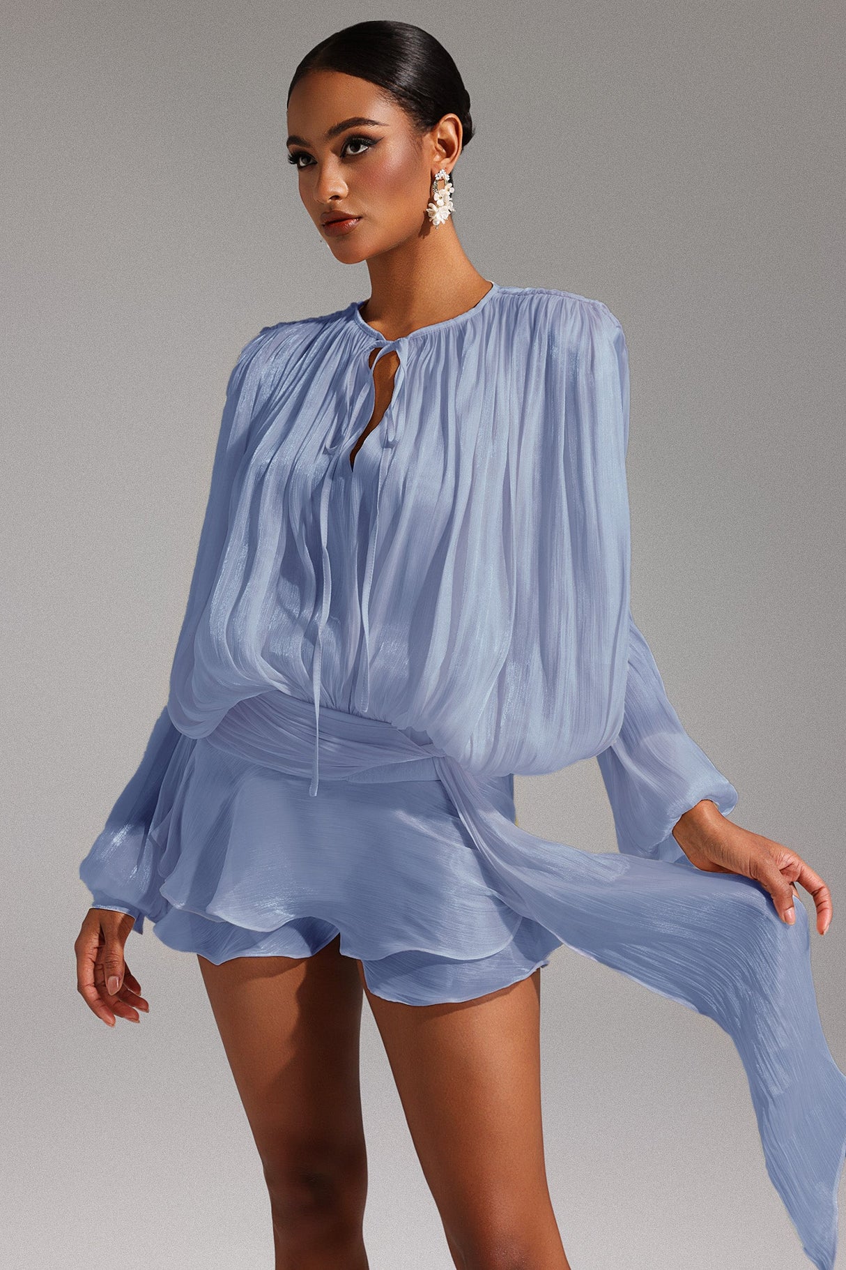 Blue Dekia Long Sleeves Hollow Out Flounce Mini Dress