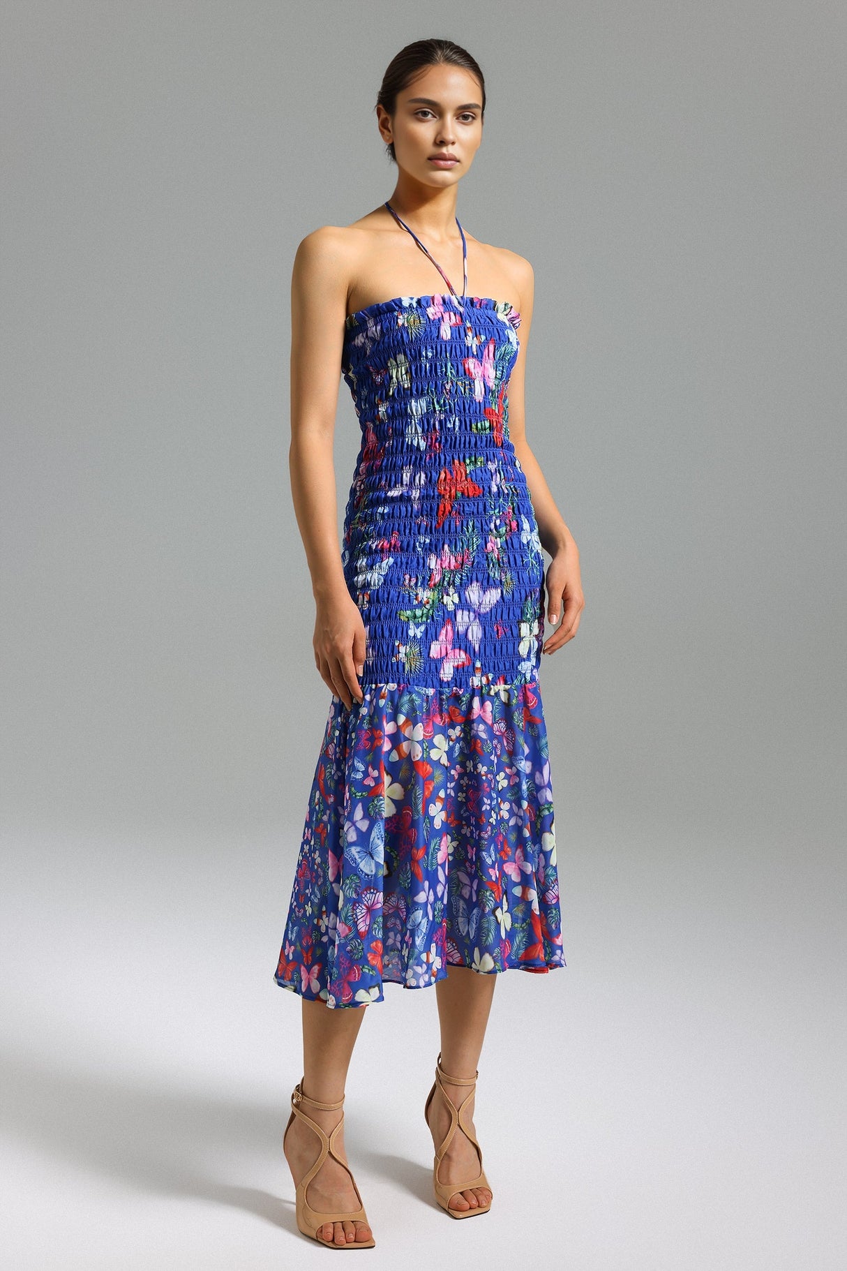 Blue Floral Smocked Bodice Flared Midi Dress