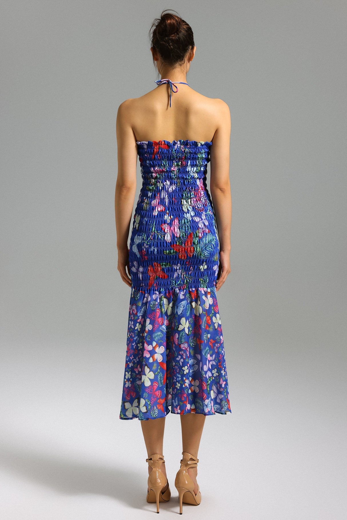 Blue Yoli Flared Printed Midi Dress with Smocked Bodice and Floral Pattern