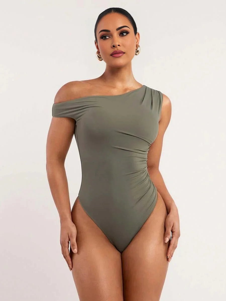 Bodysuit - High Stretch Fabric - Slim Fit - Sleeveless Length - Asymmetrical, Ruched - Casual Style - Natural (mid Waist) Waist Line