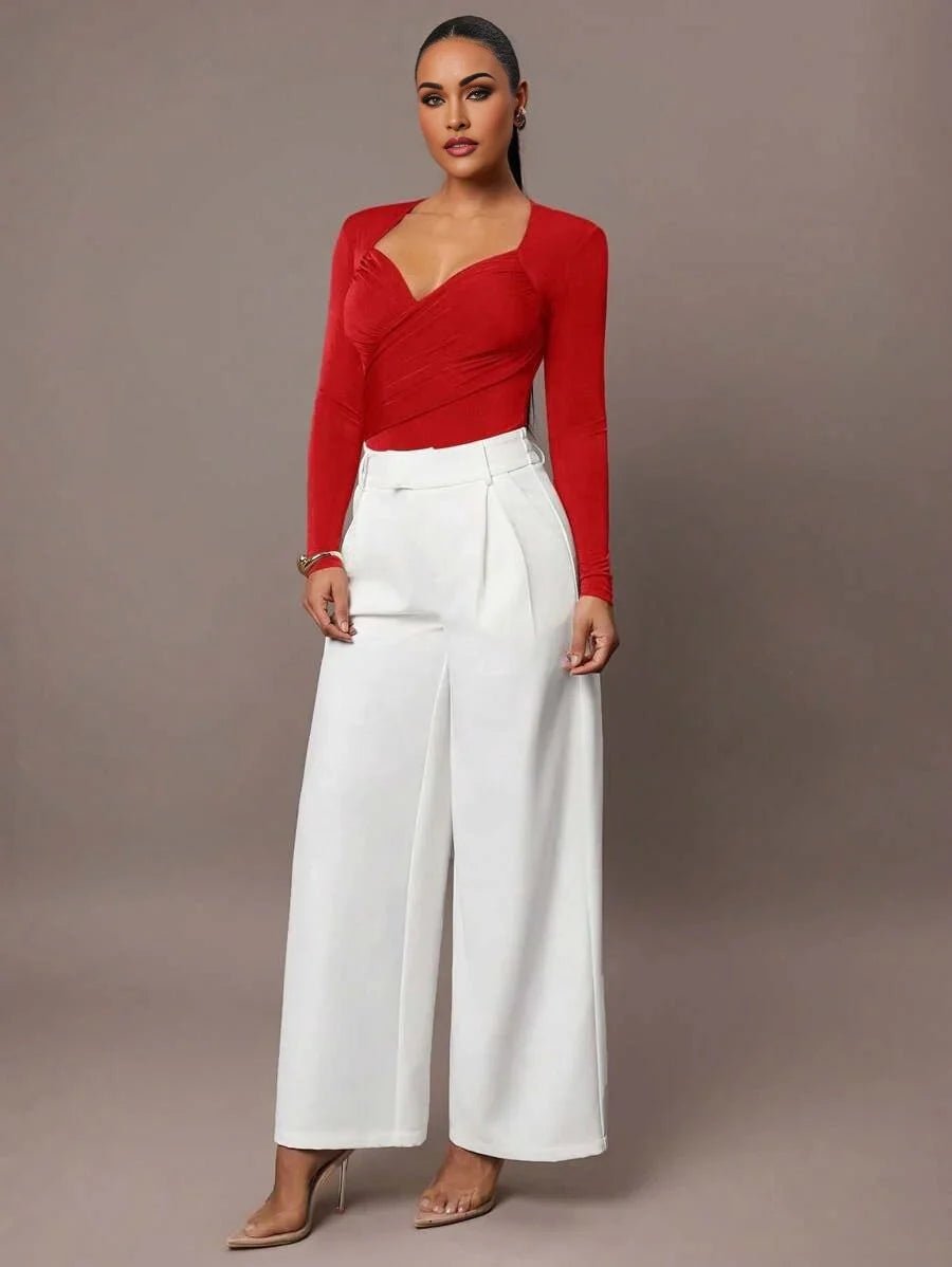 Bodysuit - Knitted Fabric With High Stretch - Slim Fit - Long Sleeve Length - Casual Style - Criss Cross, Ruched, Wrap - Modern Look