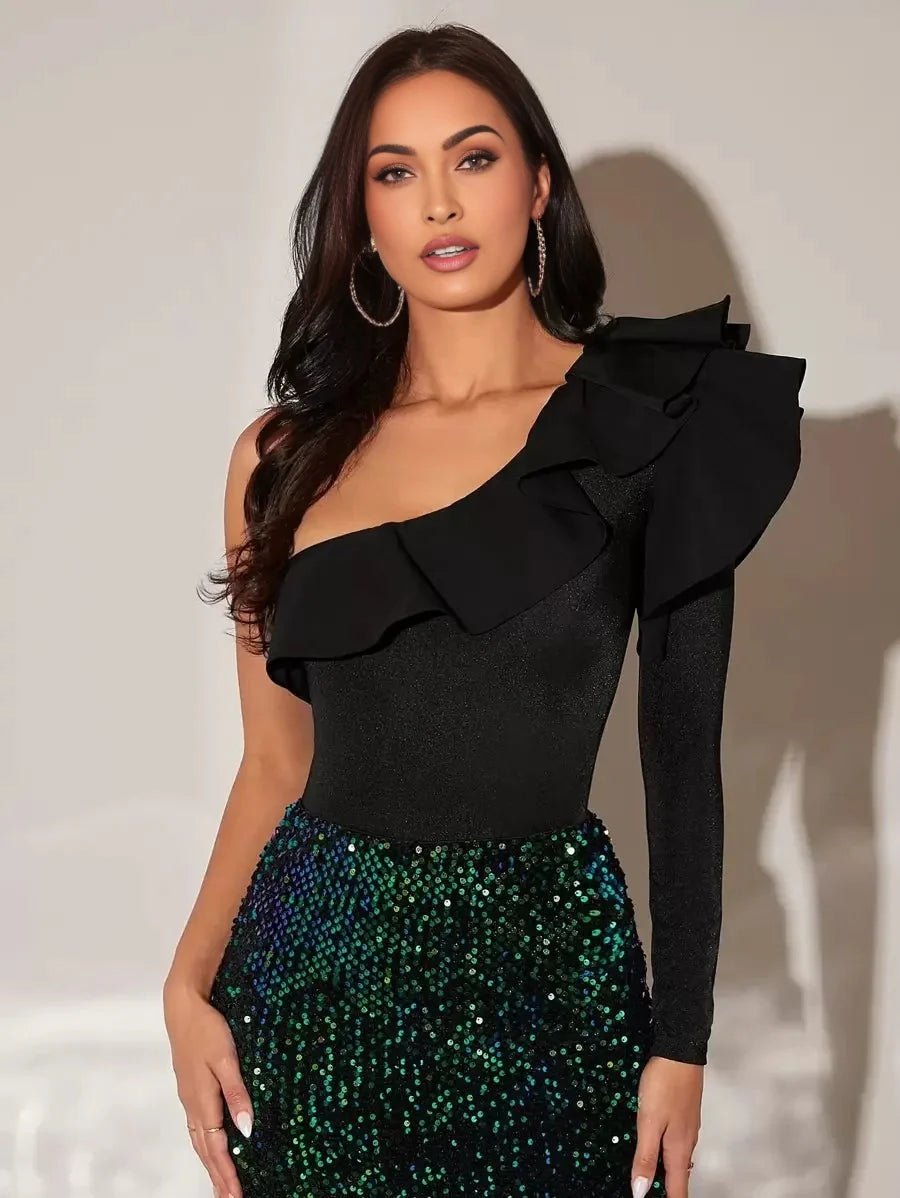 Bodysuit - Party Style - Slim Fit - Long Sleeve Length - Knitted Fabric - Asymmetrical Neckline - Premium Quality - Comfortable Design