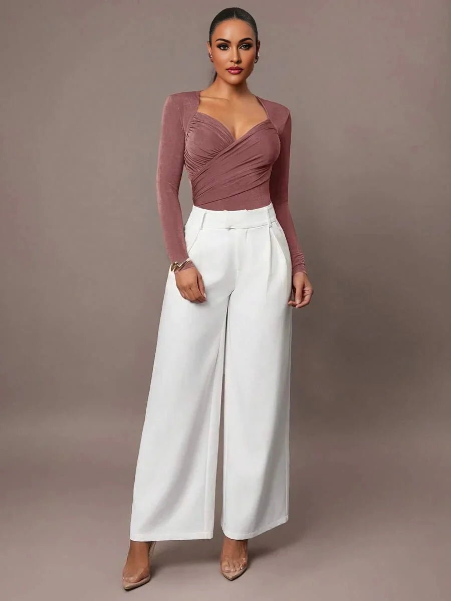 Bodysuit - Slim Fit - Casual Style - High Stretch Fabric - Long Sleeve Length - Criss Cross, Ruched, Wrap - Natural Waist Line