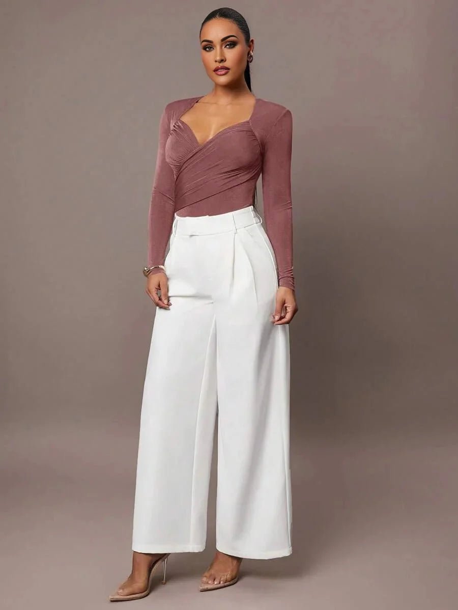 Bodysuit - Slim Fit - Casual Style - High Stretch Fabric - Long Sleeve Length - Criss Cross, Ruched, Wrap - Natural Waist Line