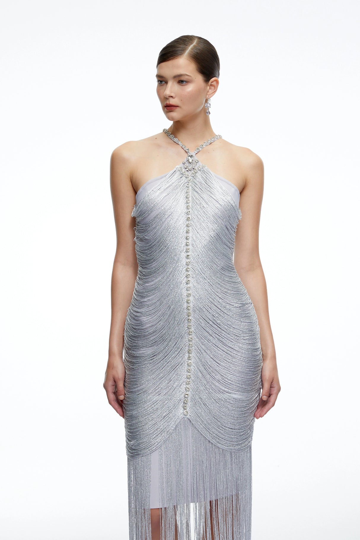 Bohdana Silver Halterneck Midi Dress with Fringe