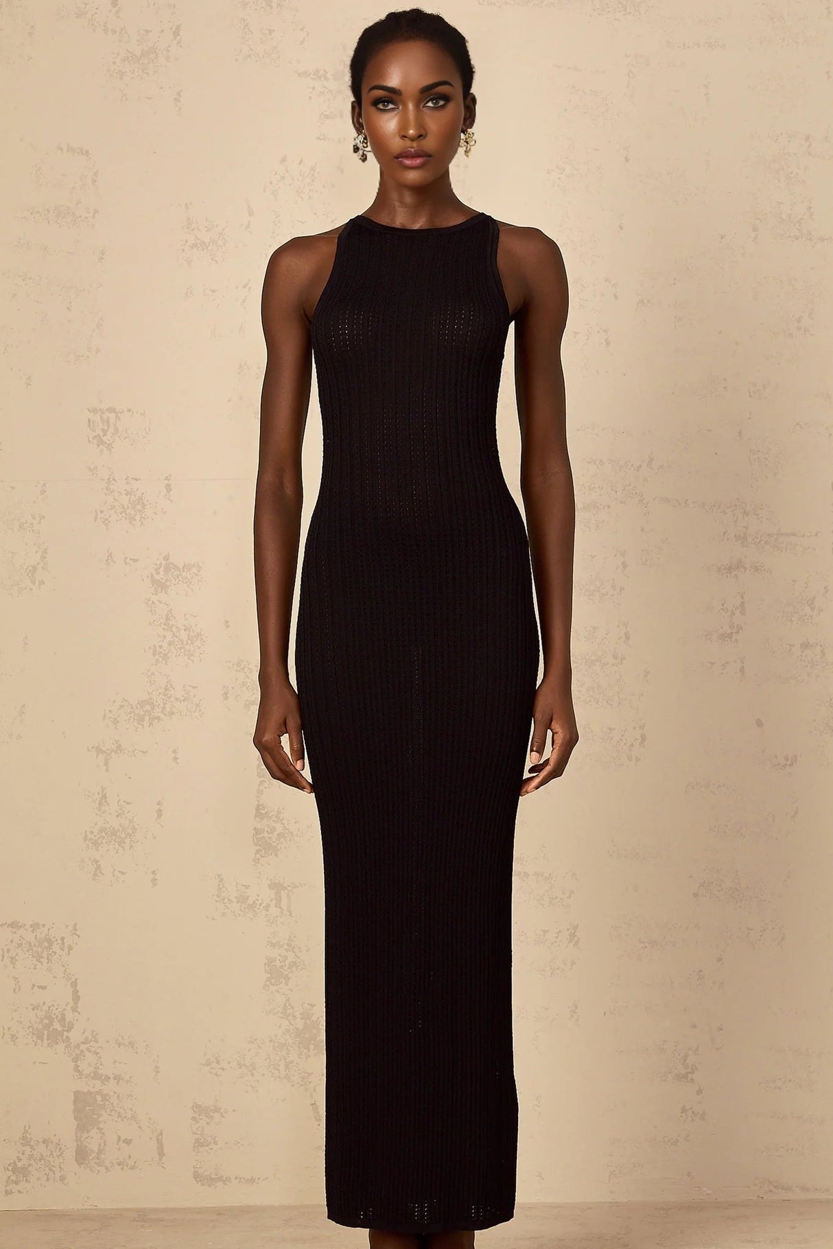 Bonnie Maxi Dress Black Fitted Ribbed - Knit Sleeveless Buttons Length