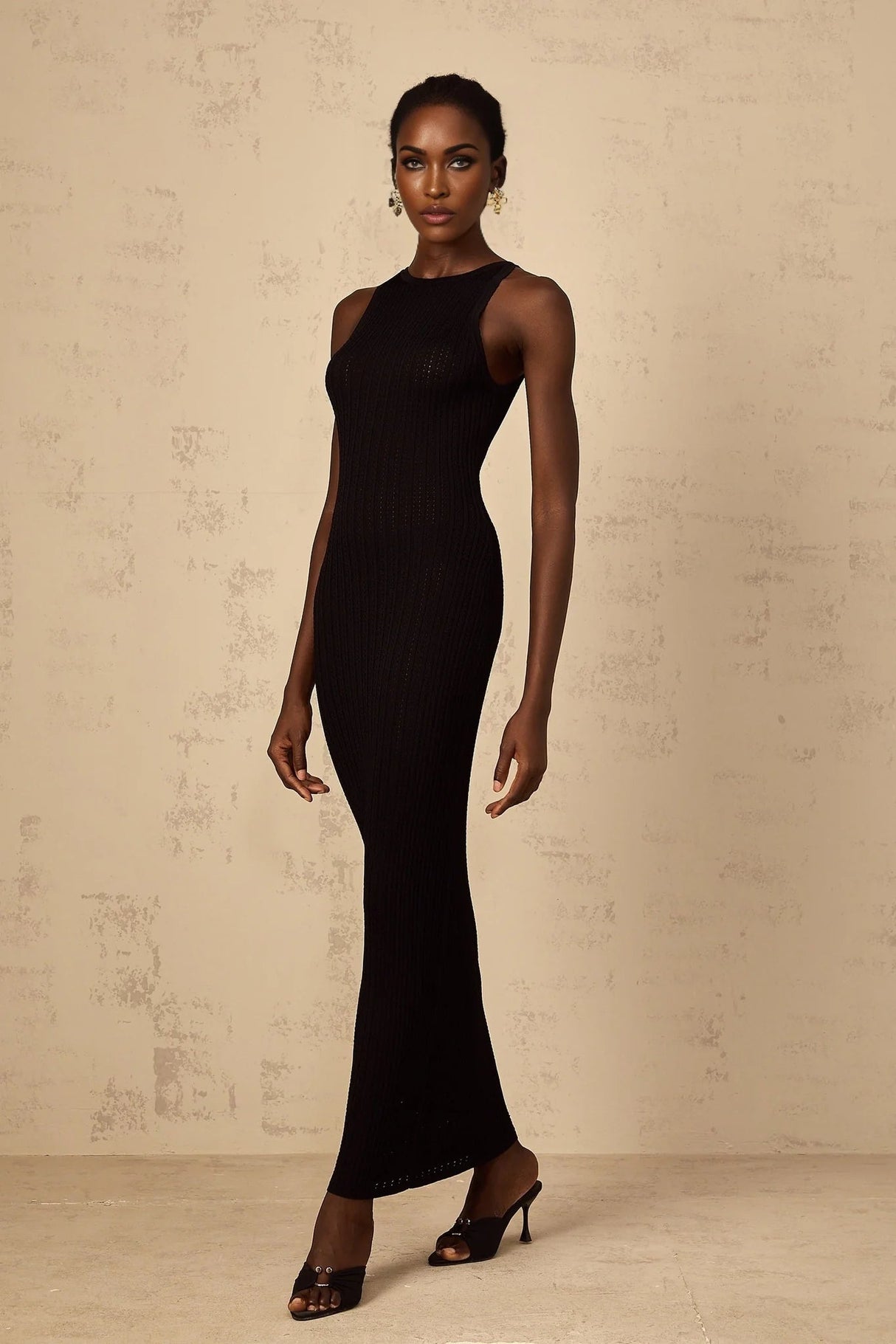 Bonnie Maxi Dress Black Fitted Ribbed - Knit Sleeveless Buttons Length