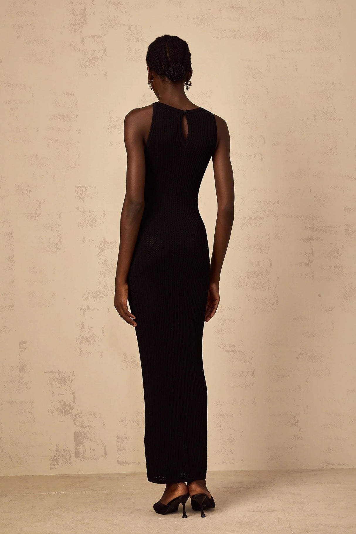 Bonnie Maxi Dress Black Fitted Ribbed - Knit Sleeveless Buttons Length