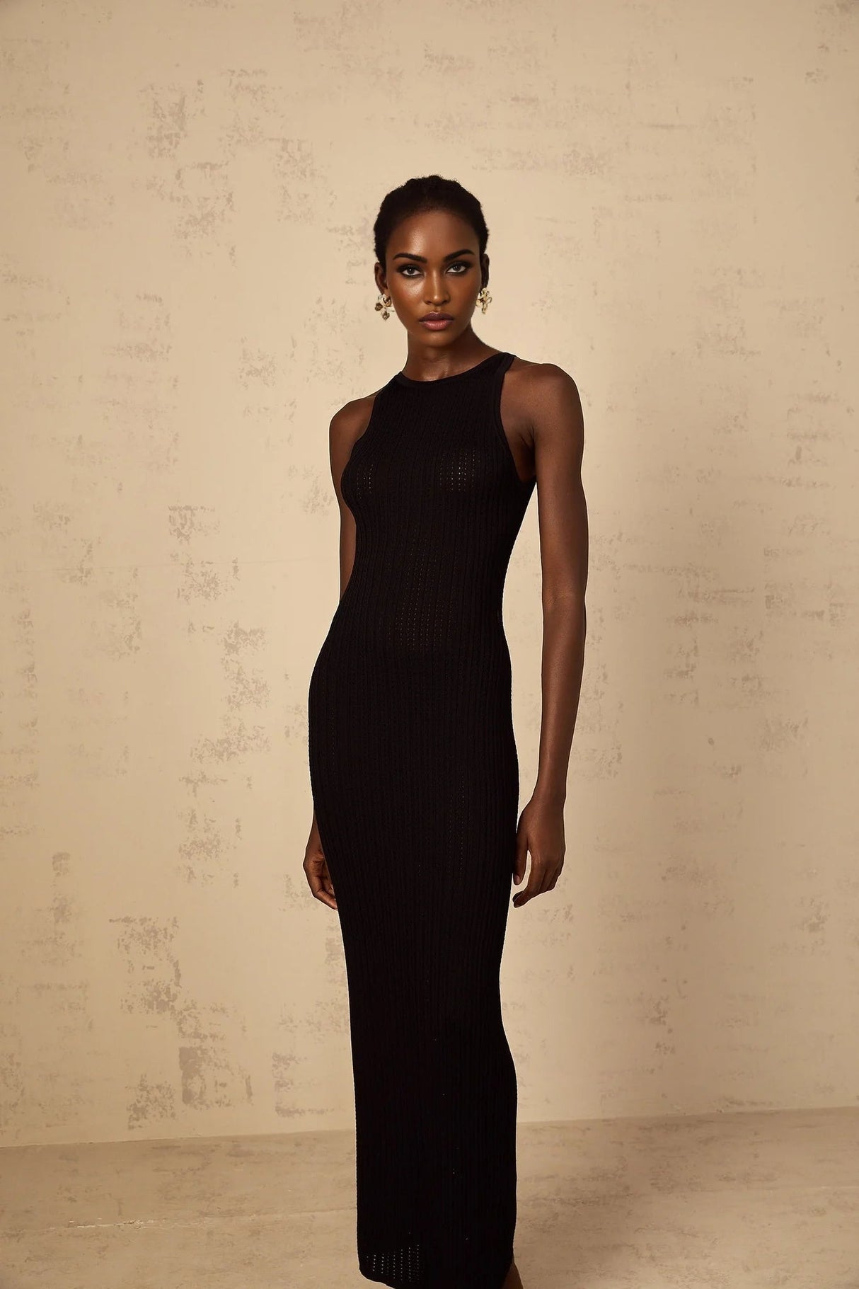 Bonnie Maxi Dress Black Fitted Ribbed - Knit Sleeveless Buttons Length