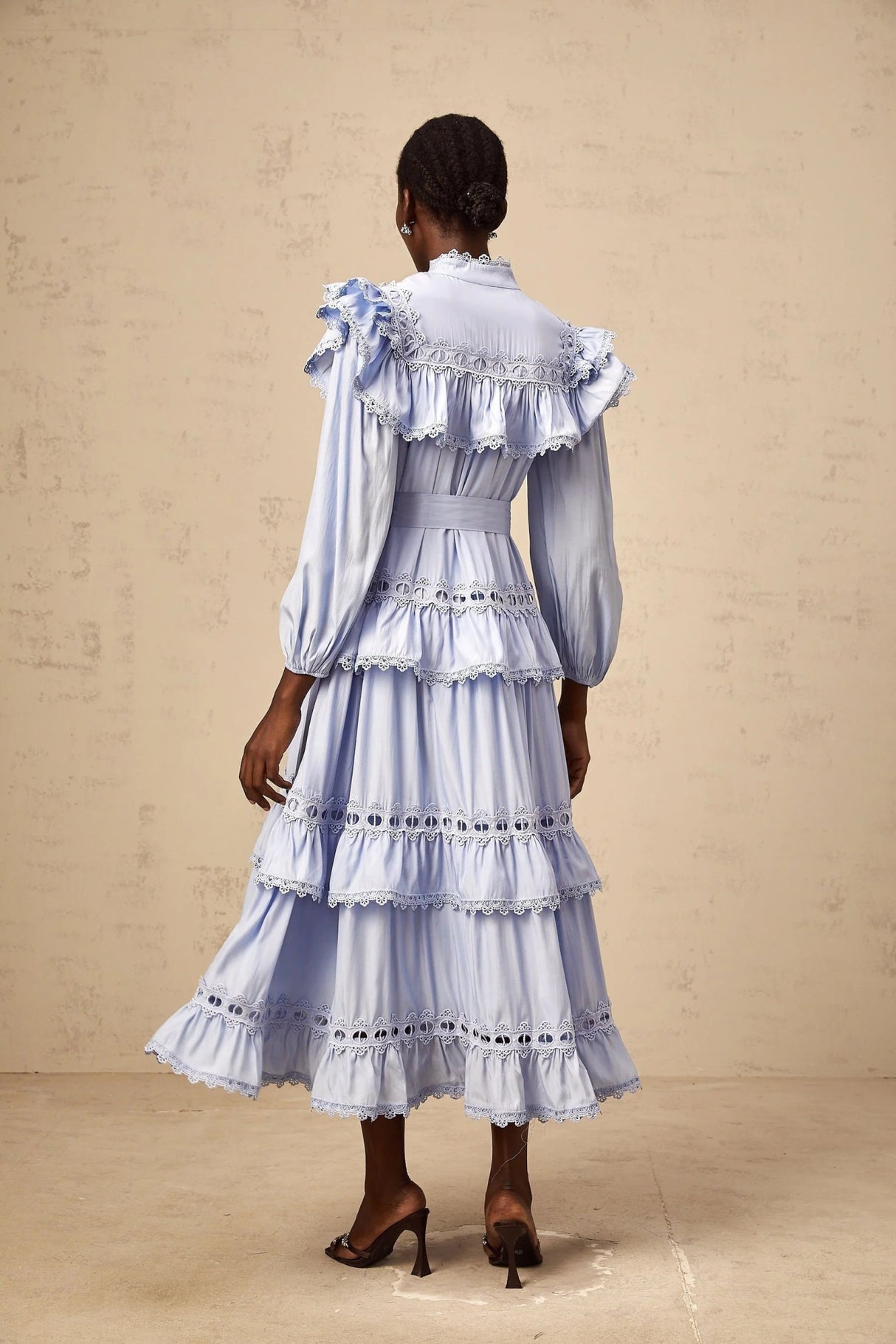 Bonnie Midi Dress Blue Tiered Lace Trim & Cut - Out Detail