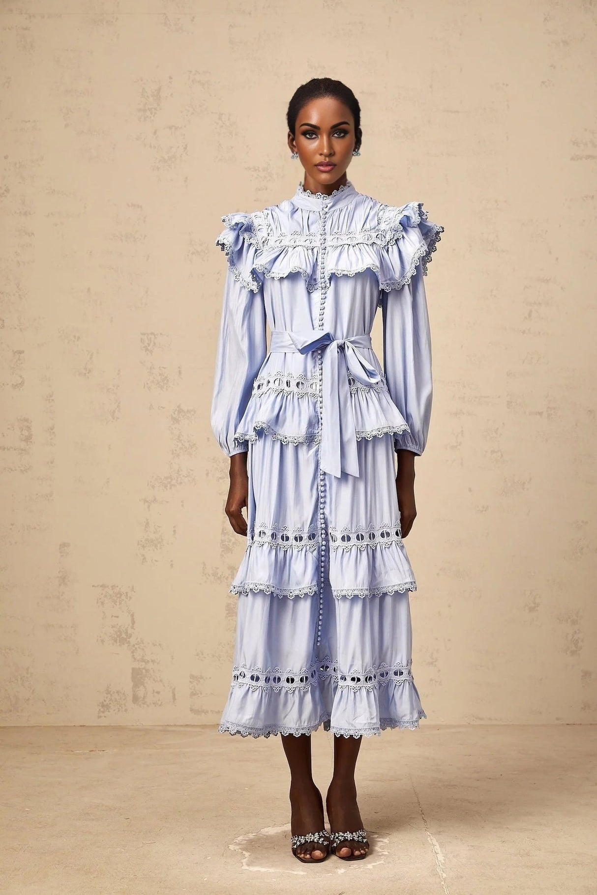 Bonnie Midi Dress Blue Tiered Lace Trim & Cut - Out Detail