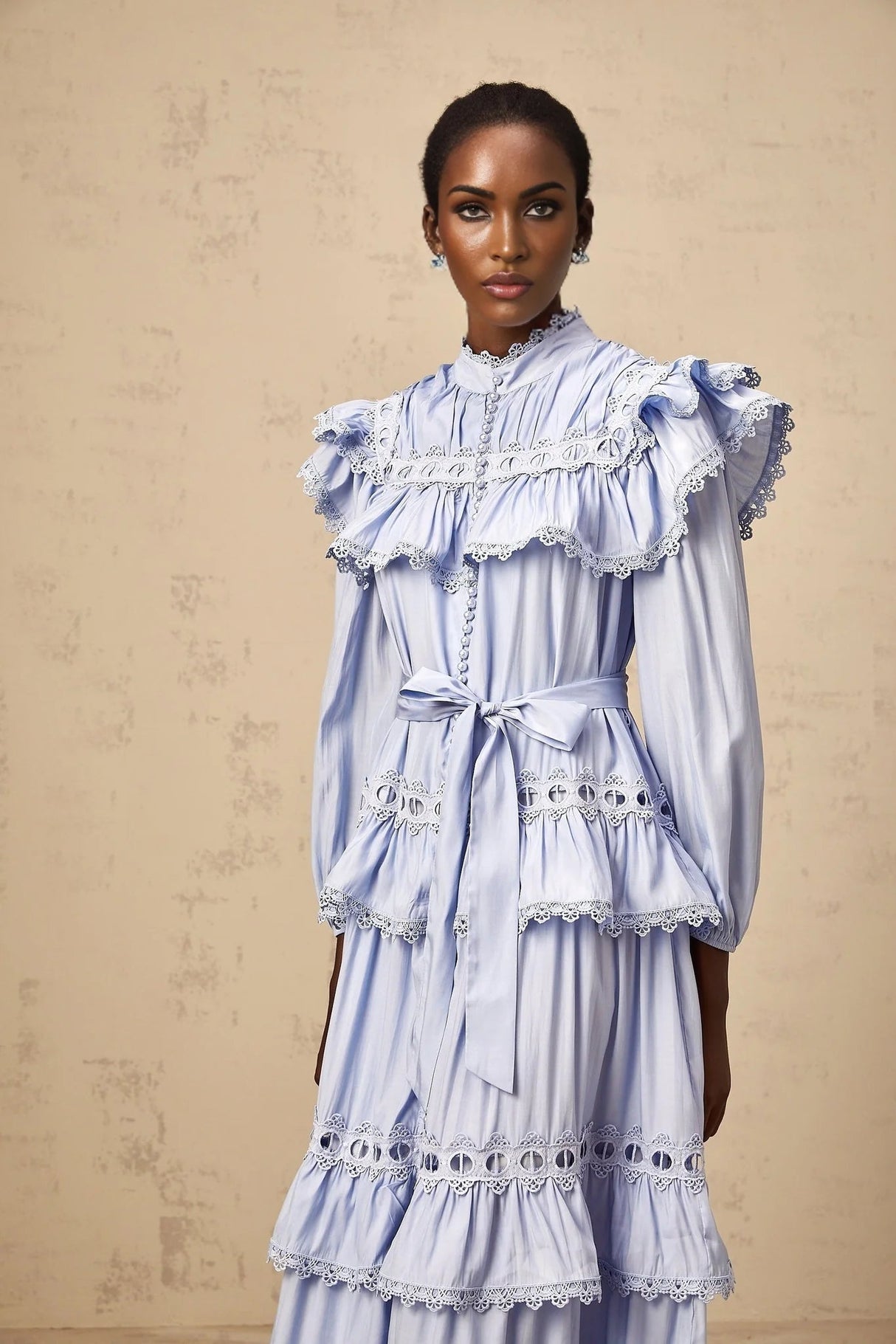 Bonnie Midi Dress Blue Tiered Lace Trim & Cut - Out Detail