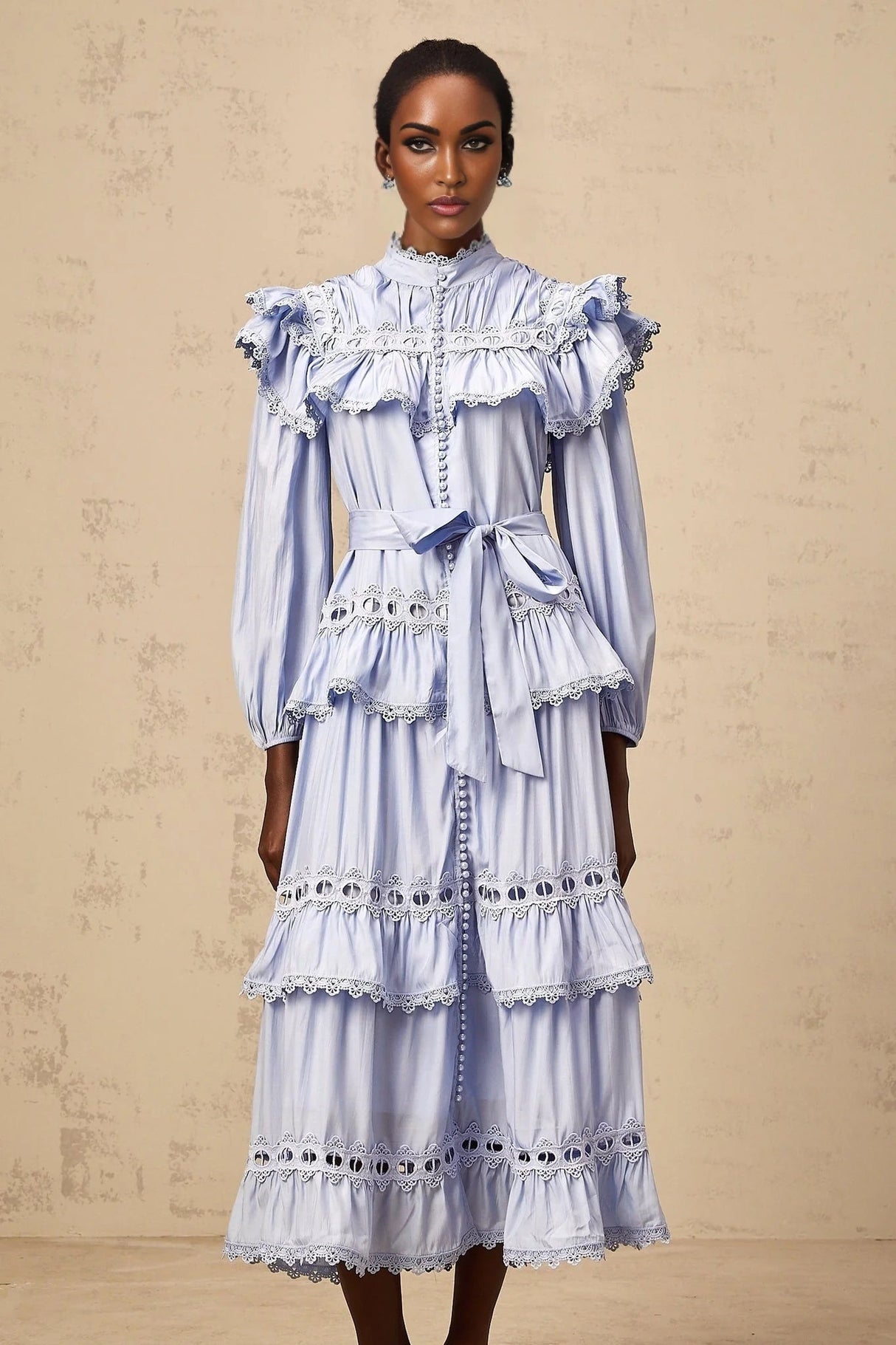 Bonnie Midi Dress Blue Tiered Lace Trim & Cut - Out Detail