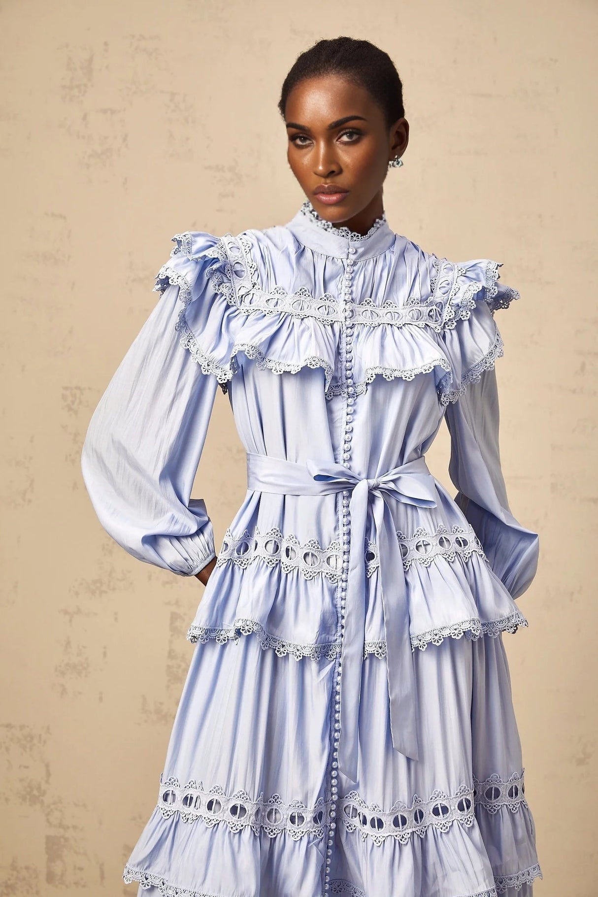 Bonnie Midi Dress Blue Tiered Lace Trim & Cut - Out Detail