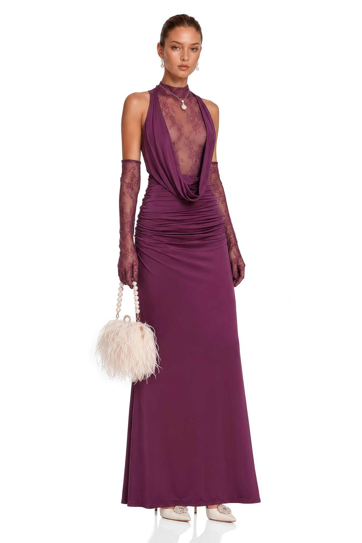 Borbála Magenta Lace Bodice Ruched Maxi Dress