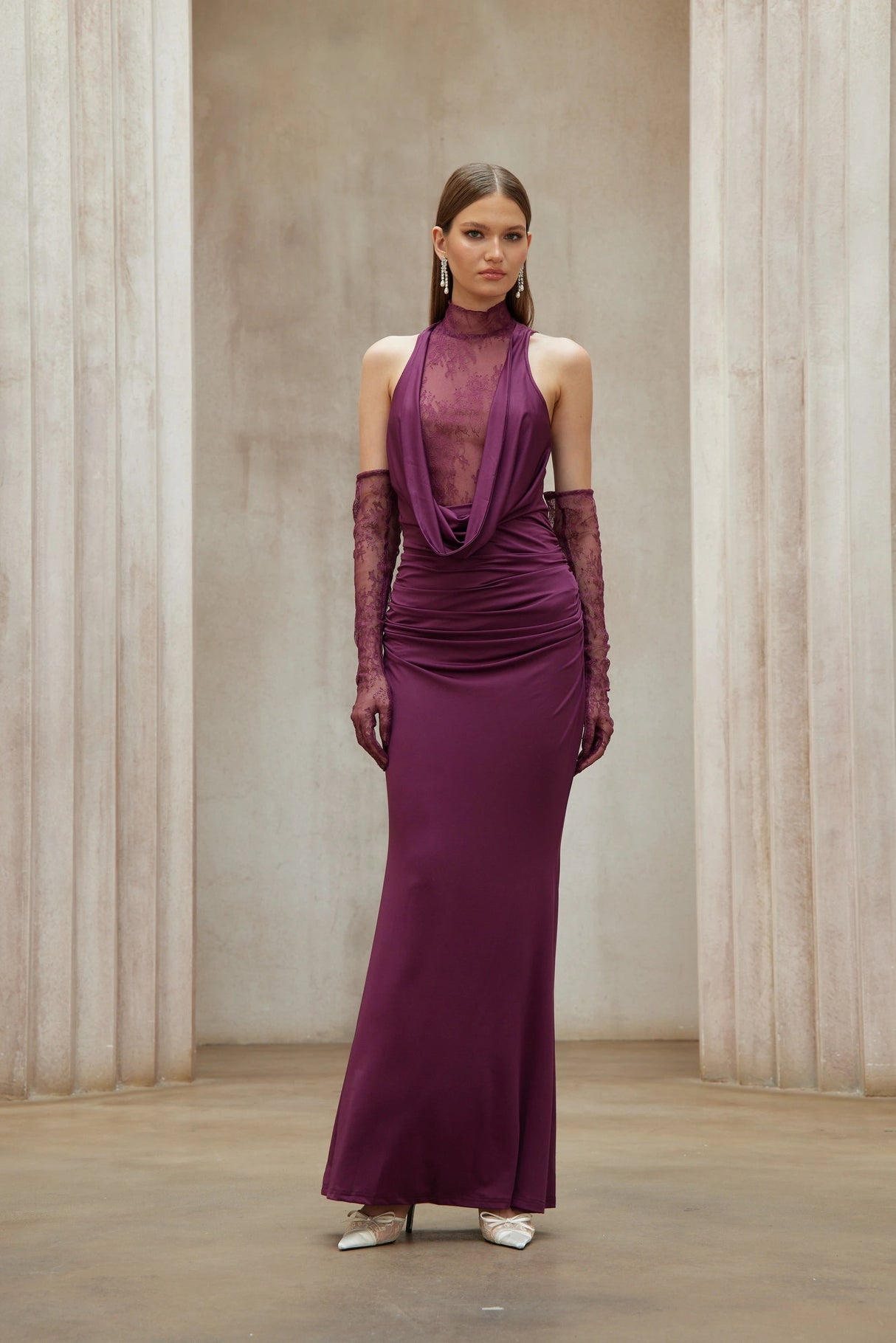 Borbála Magenta Lace Bodice Ruched Maxi Dress