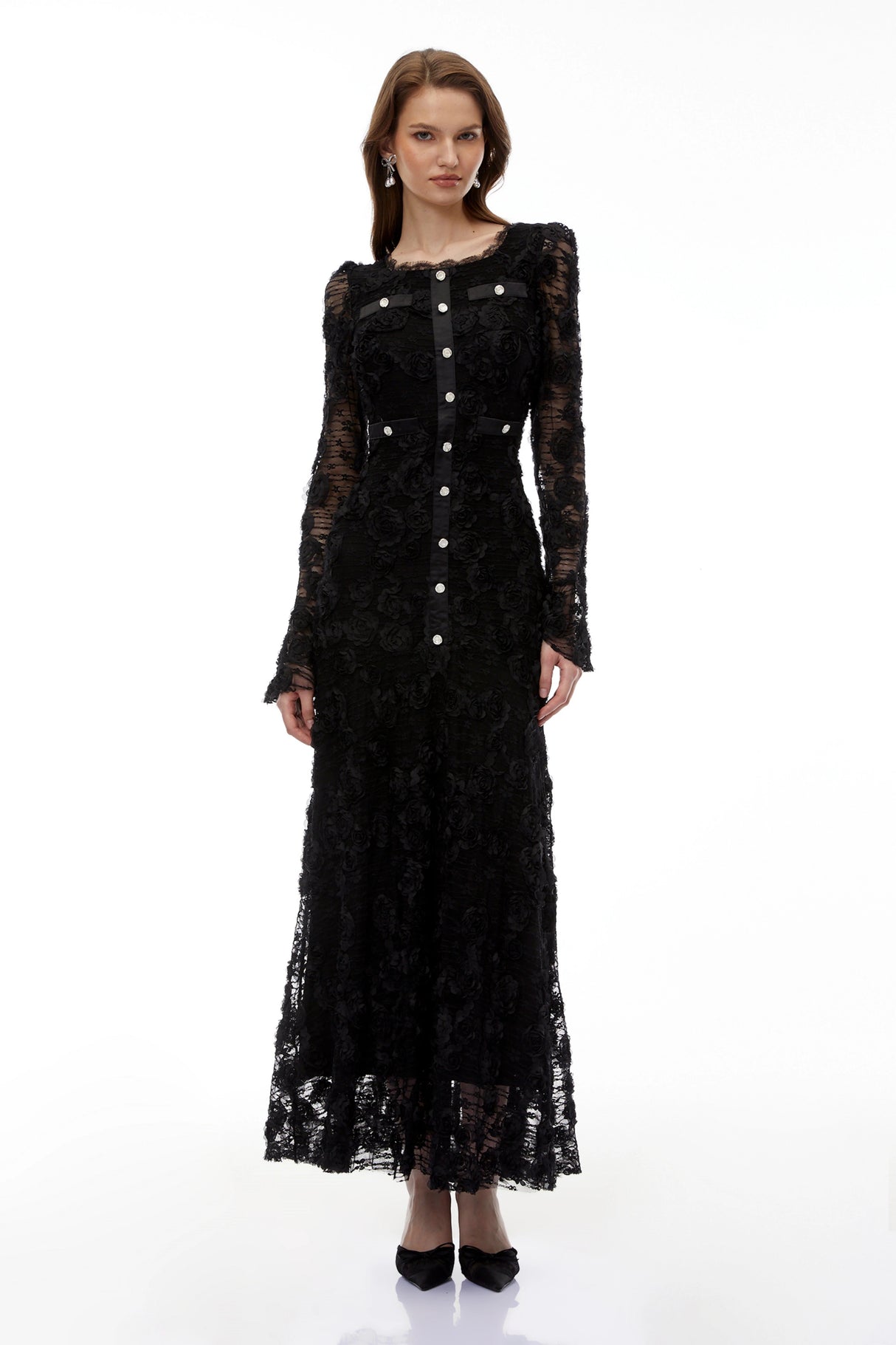 Branwen Black 3DFloral Embroidered Lace Maxi Dress
