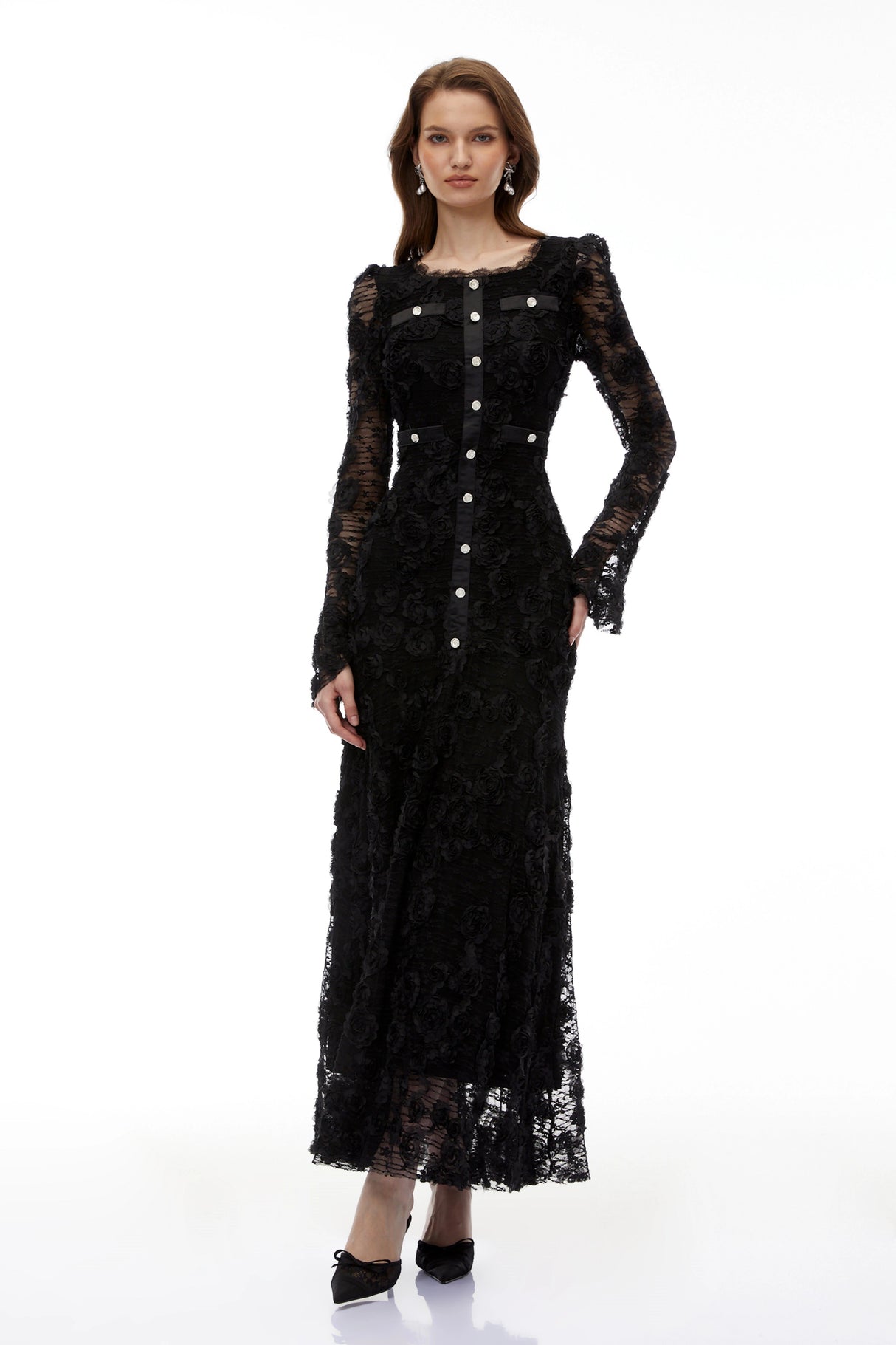 Branwen Black 3DFloral Embroidered Lace Maxi Dress