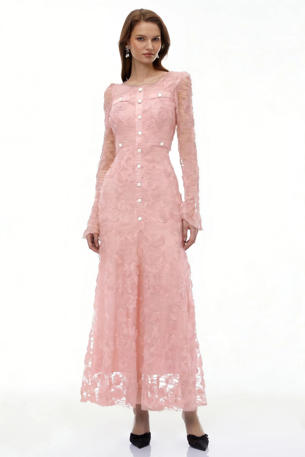 Branwen Pink 3DFloral Embroidered Lace Maxi Dress