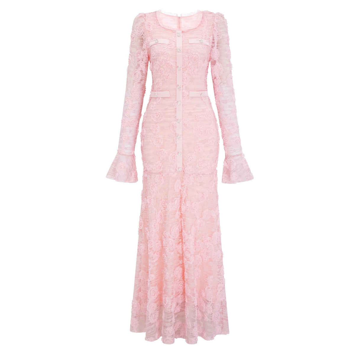 Branwen Pink 3DFloral Embroidered Lace Maxi Dress