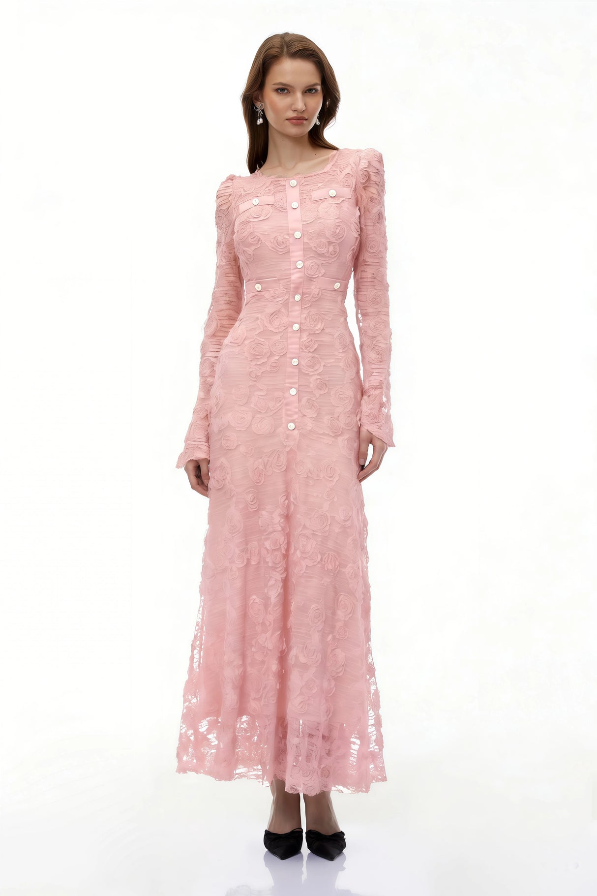 Branwen Pink 3DFloral Embroidered Lace Maxi Dress