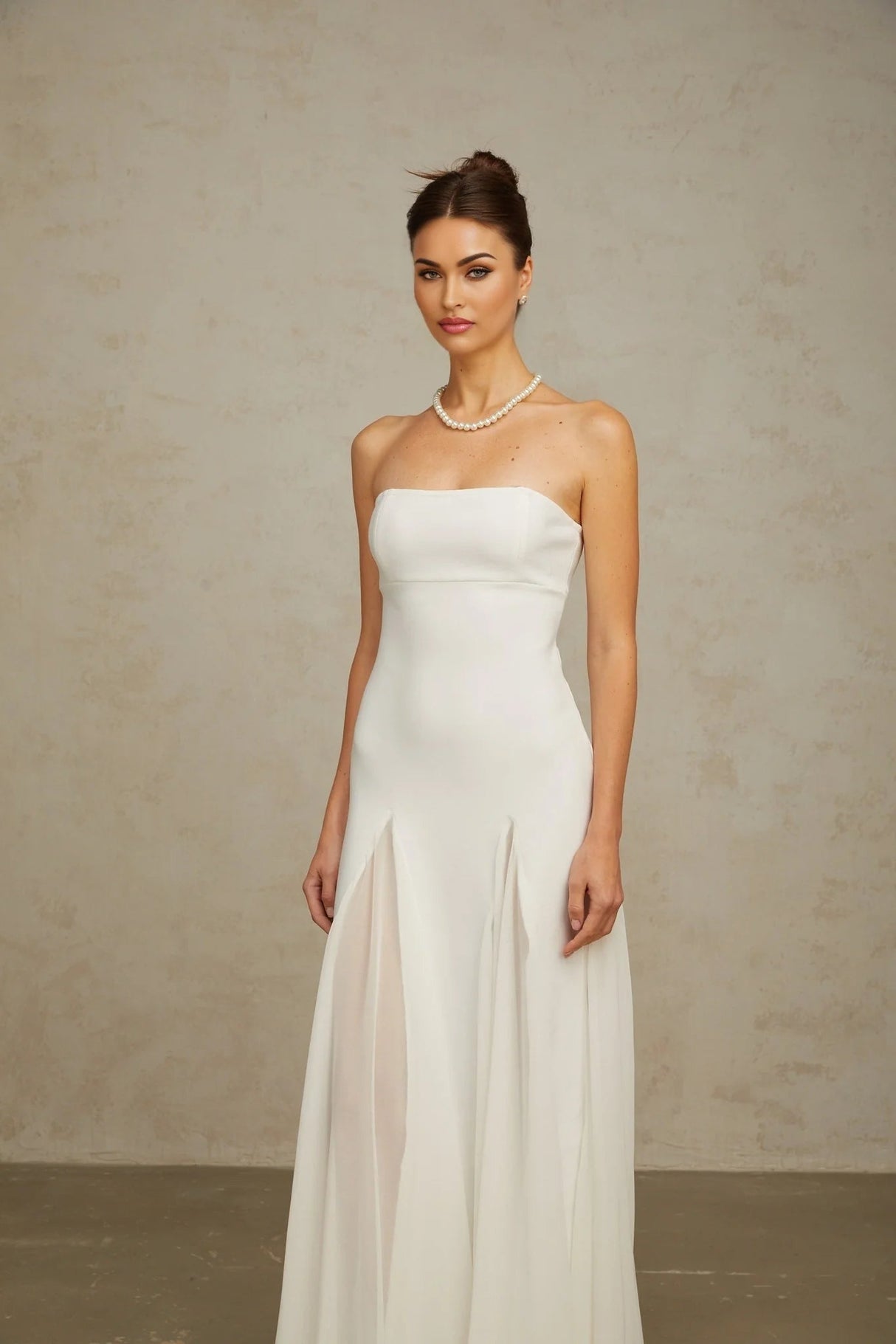 Brenna Maxi Dress White Tulle Paneling & Godet Design