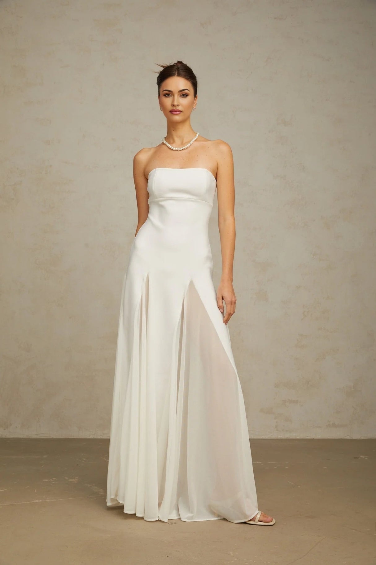 Brenna Maxi Dress White Tulle Paneling & Godet Design