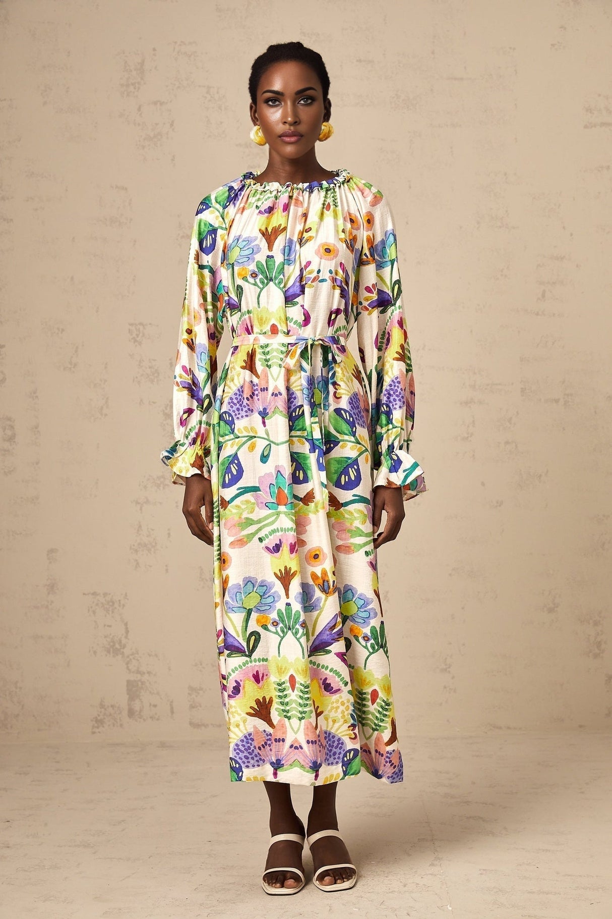 Brenna Midi Dress - Paisley Print - Flared Cuffs - Pleated Detailing - Self - Tie Design - Poplin Texture