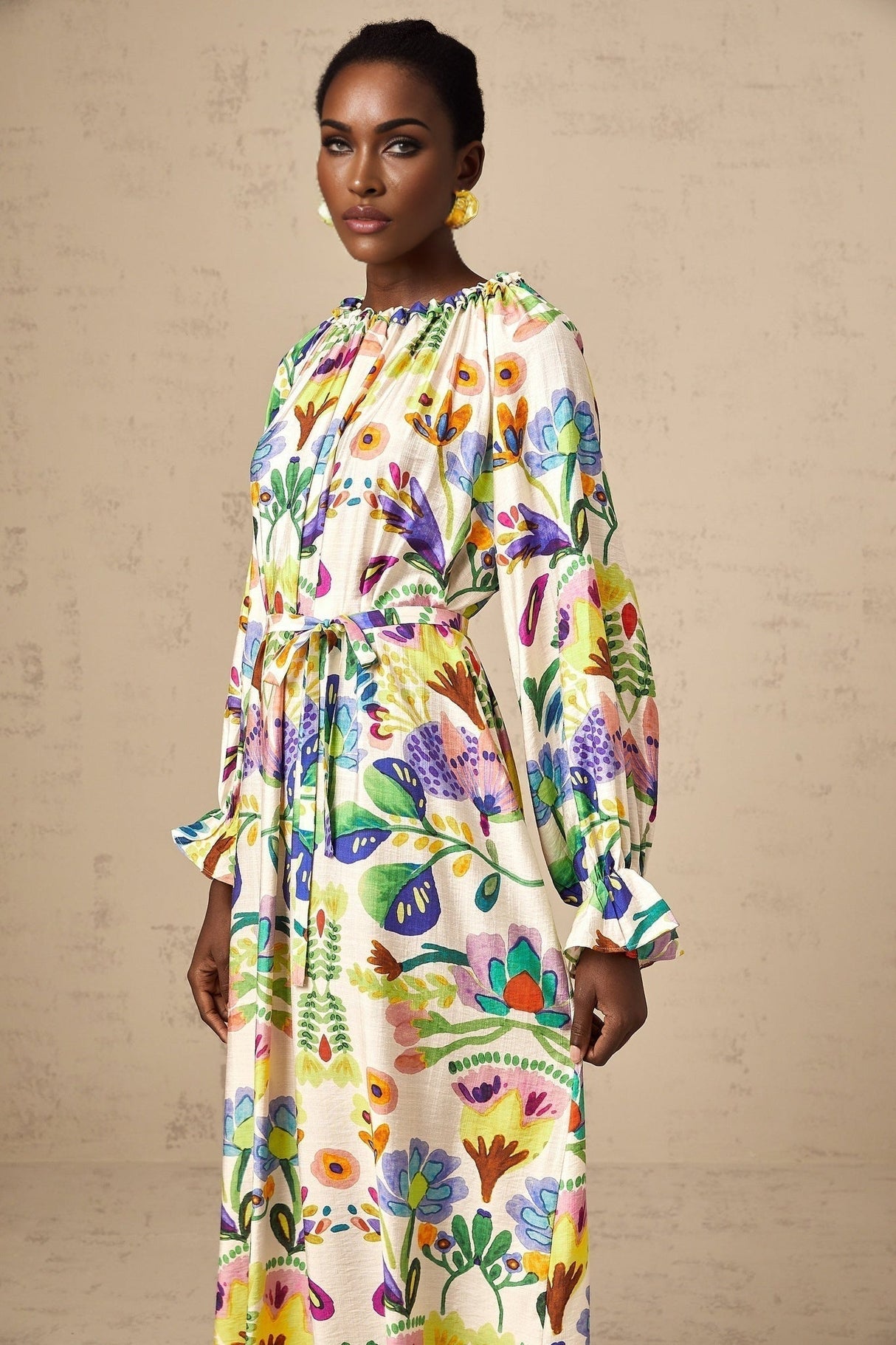 Brenna Midi Dress - Paisley Print - Flared Cuffs - Pleated Detailing - Self - Tie Design - Poplin Texture