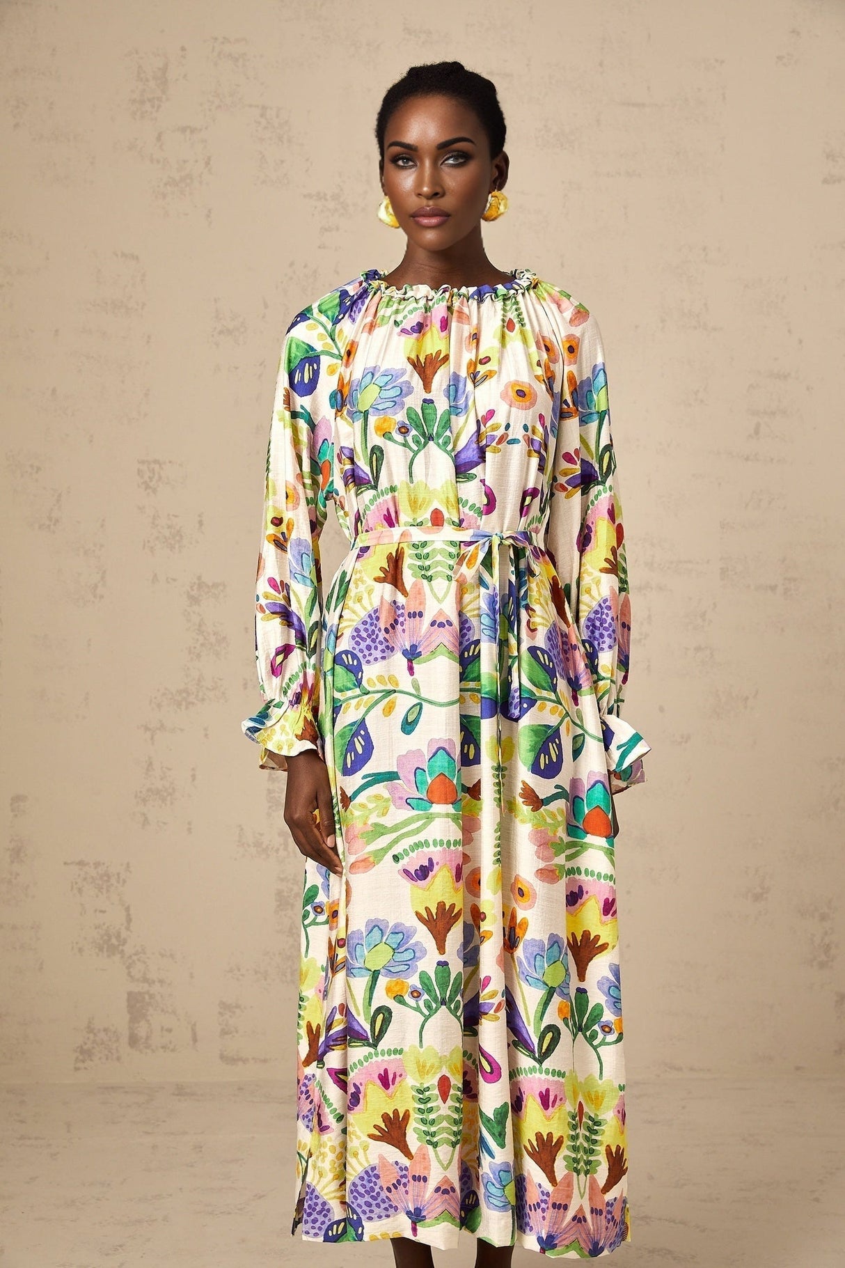 Brenna Midi Dress - Paisley Print - Flared Cuffs - Pleated Detailing - Self - Tie Design - Poplin Texture
