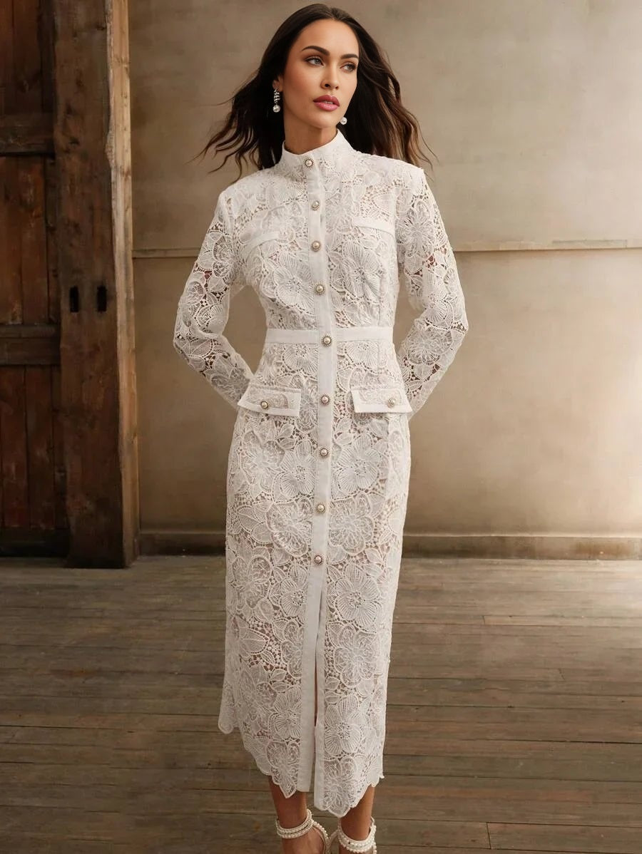 Brenna Midi Dress - Stand Collar - Elegant Style - Button Front - High Waist - All Over Print
