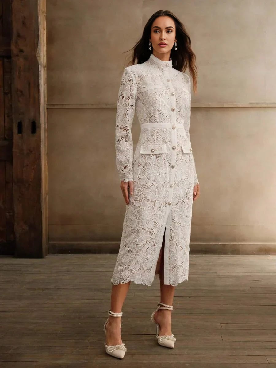 Brenna Midi Dress - Stand Collar - Elegant Style - Button Front - High Waist - All Over Print