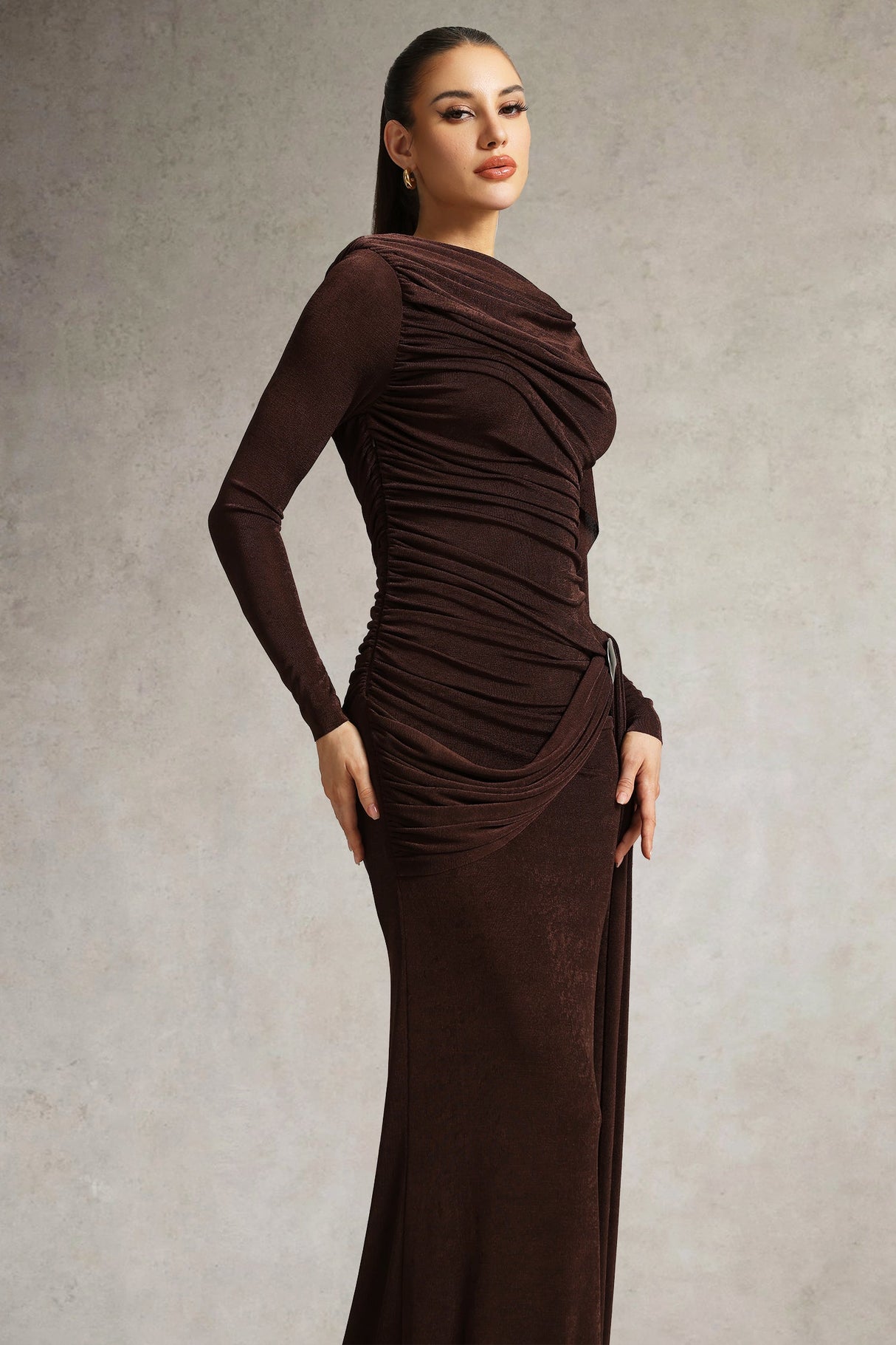 Brianna Brown Ruched Dress with Flowing Cape for Evening Events or Special Occasions