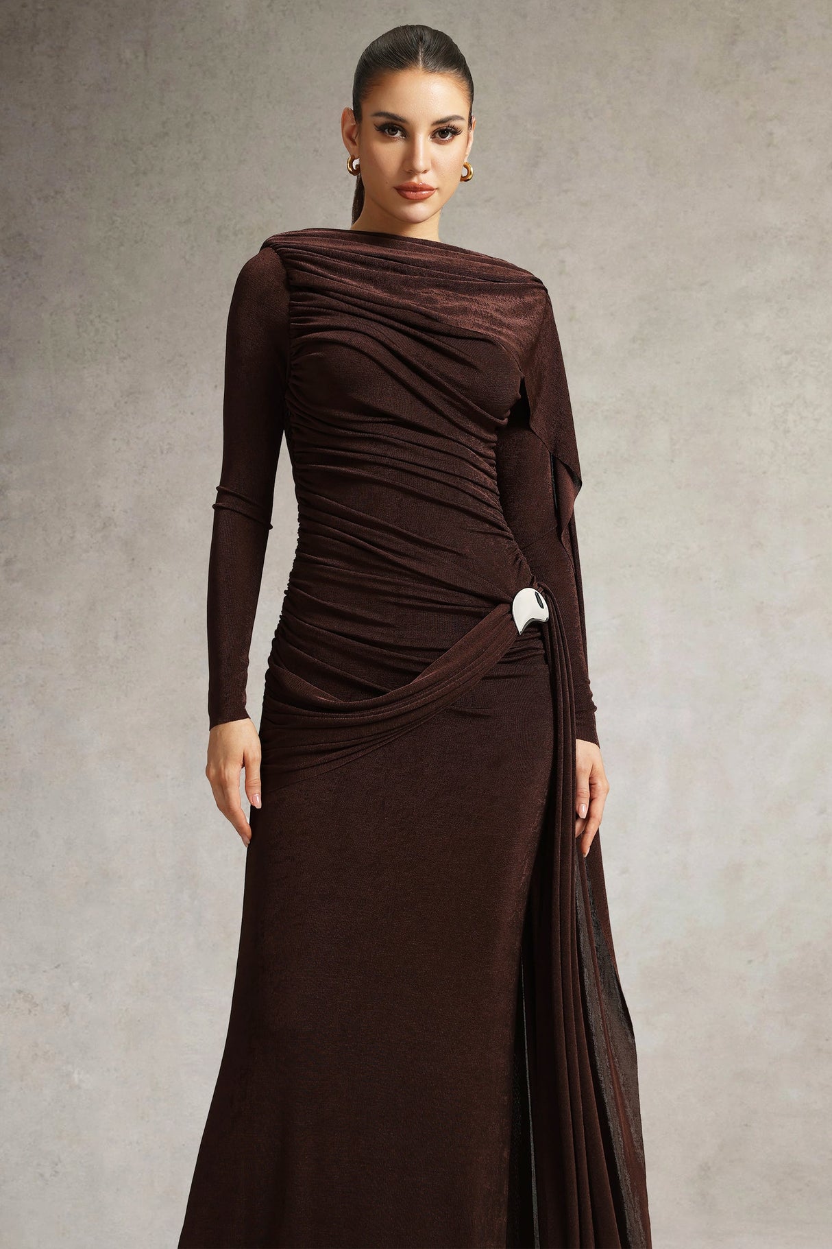 Brianna Brown Ruched Dress with Long Sleeves and Flowing Cape