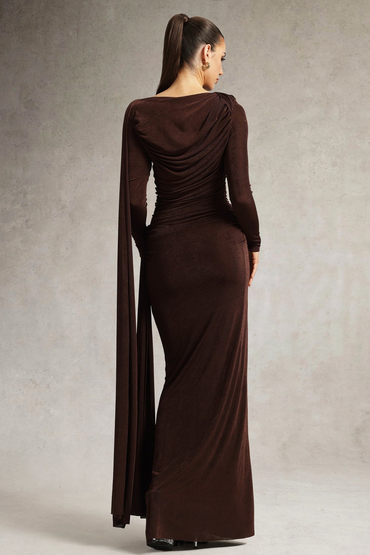 Brianna Brown Ruched Long Sleeve Evening Dress with Flowing Cape