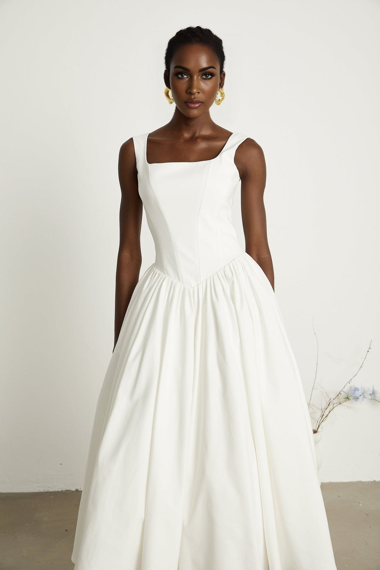 Brianna Dress - Square Neck - Sleeveless - Corset Style - Pleated Design - Flared Skirt - Ankle Length - Rear Zip Fastening