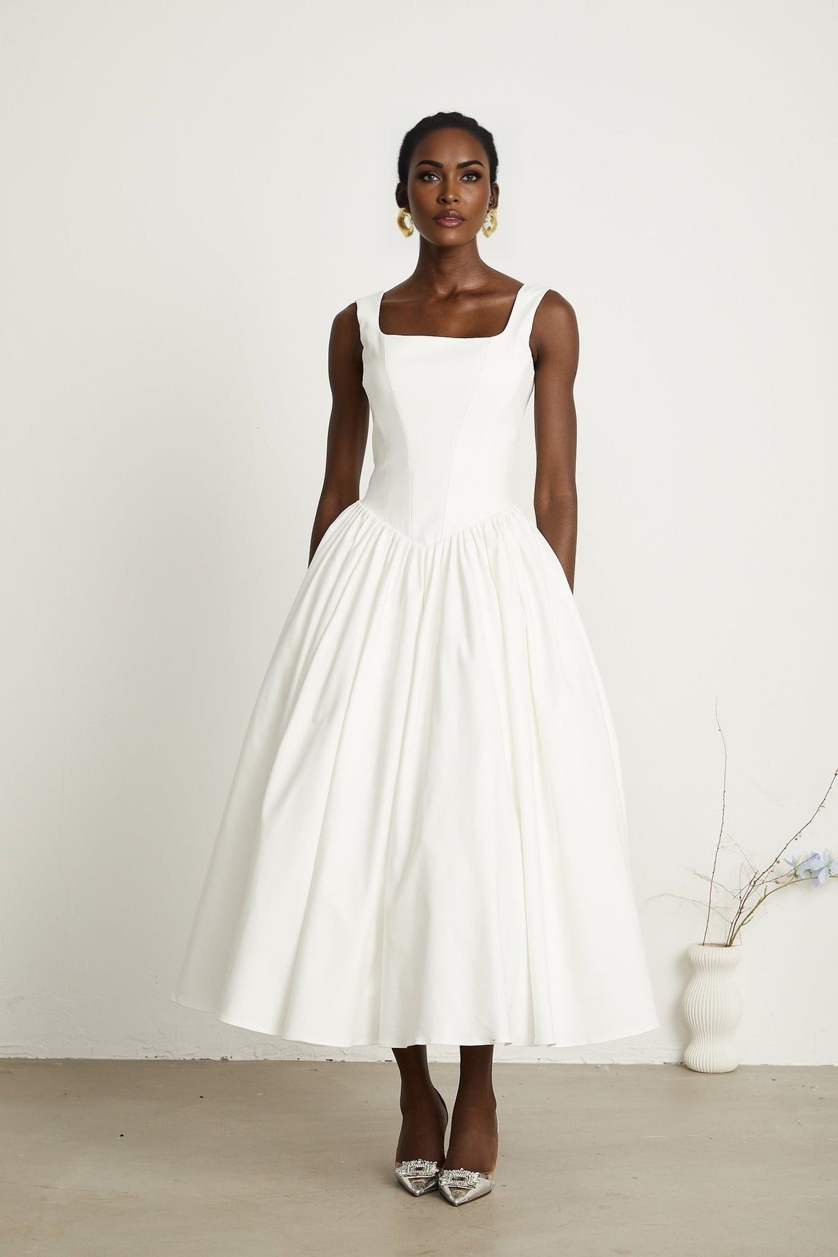 Brianna Dress - Square Neck - Sleeveless - Corset Style - Pleated Design - Flared Skirt - Ankle Length - Rear Zip Fastening