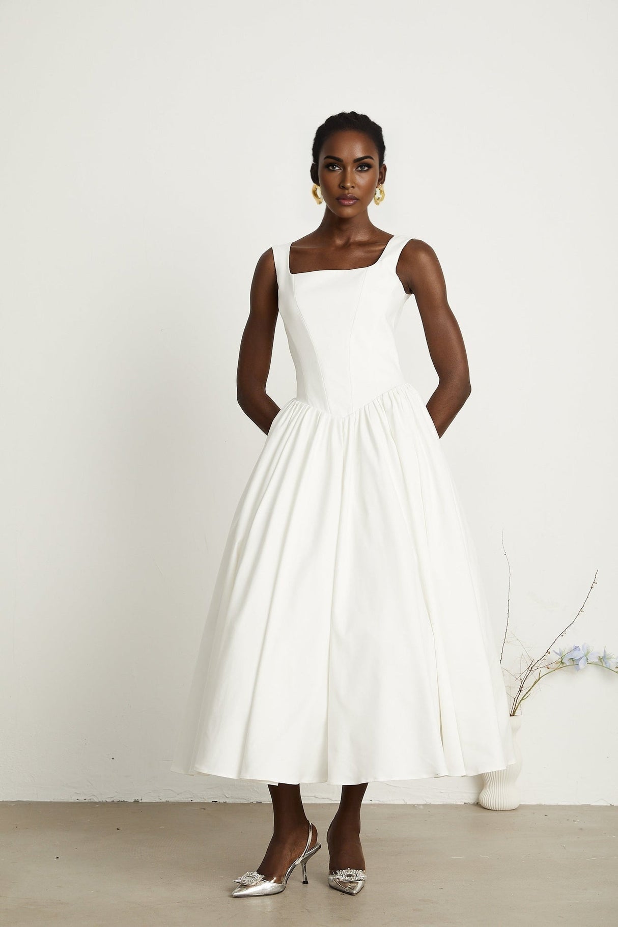 Brianna Dress - Square Neck - Sleeveless - Corset Style - Pleated Design - Flared Skirt - Ankle Length - Rear Zip Fastening