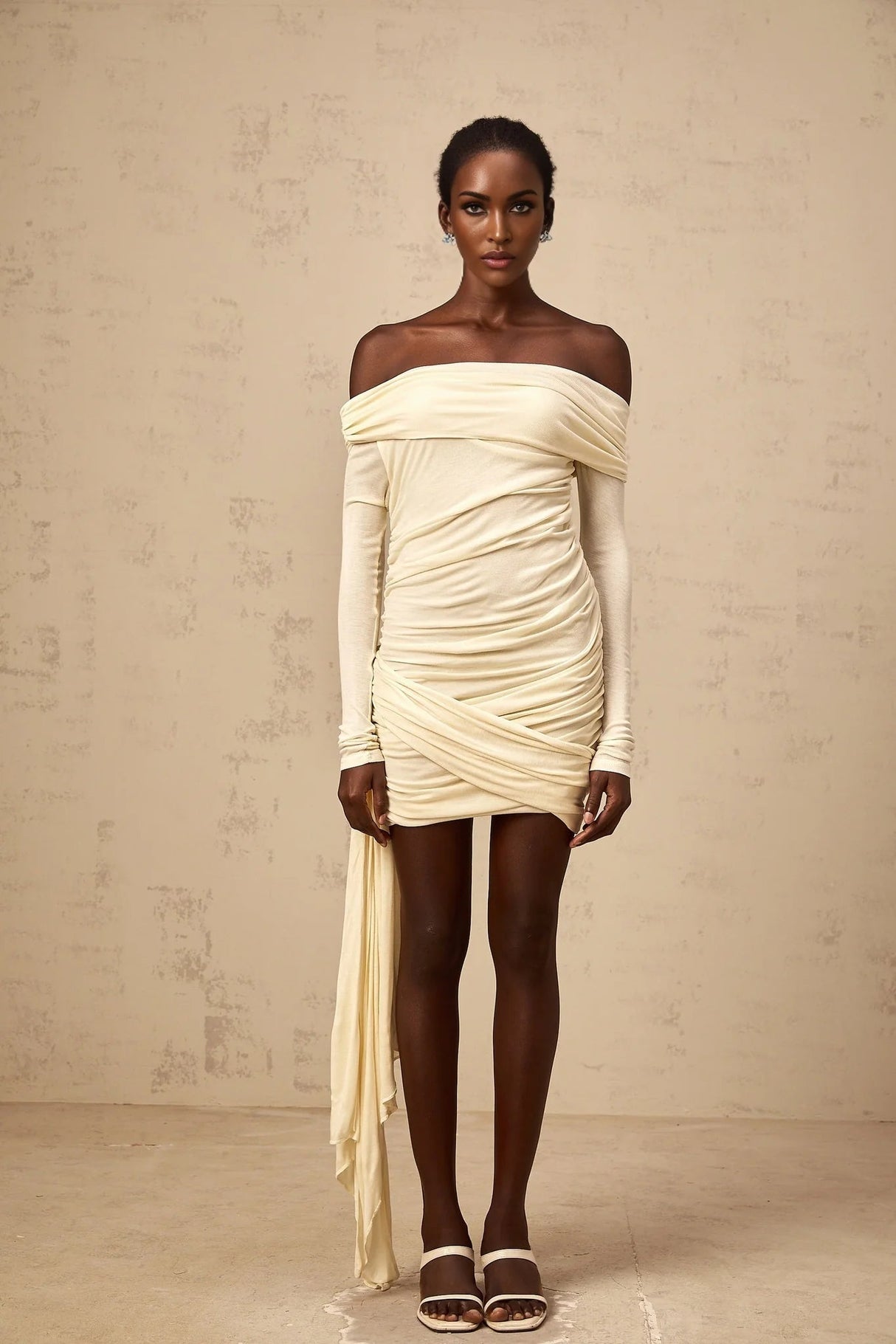 Brianna Mini Dress Cream - White Ribbon Ruched & Fitted