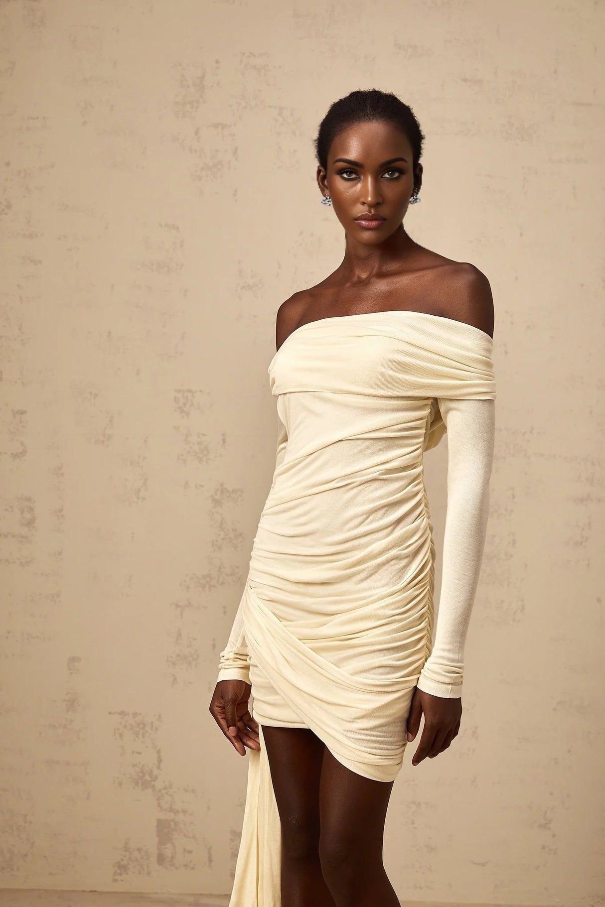 Brianna Mini Dress Cream - White Ribbon Ruched & Fitted