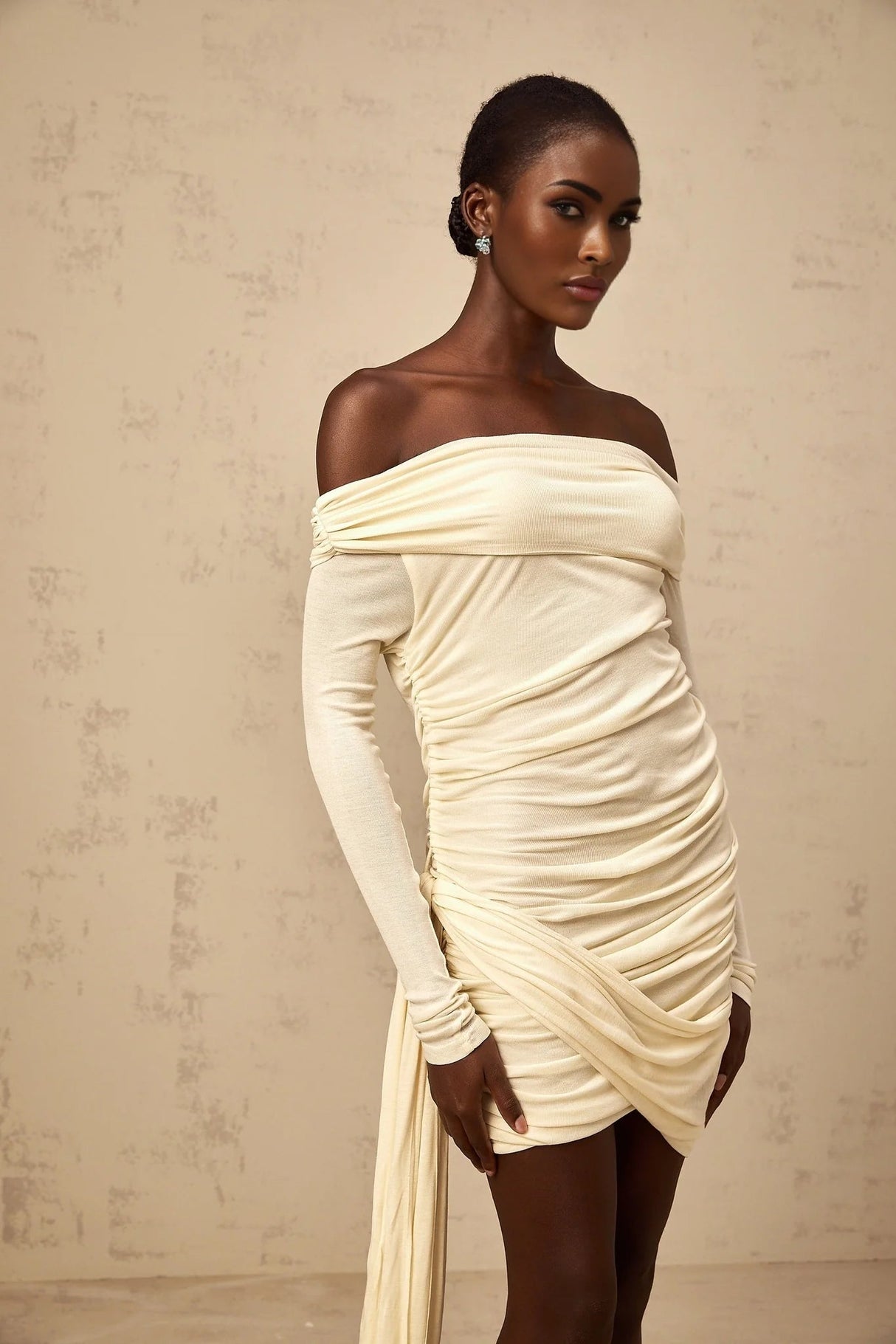 Brianna Mini Dress Cream - White Ribbon Ruched & Fitted