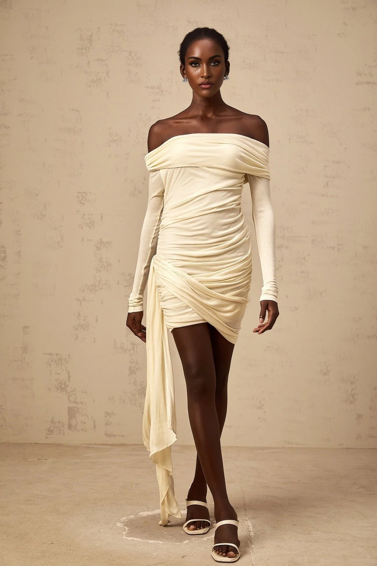 Brianna Mini Dress Cream - White Ribbon Ruched & Fitted